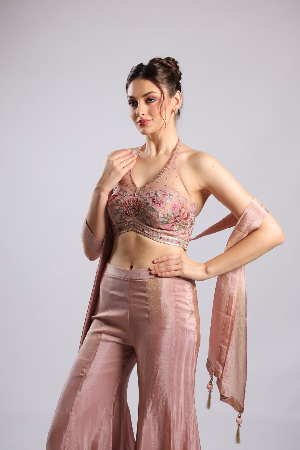 Onion Pink Crepe Kurti Set Dupatta