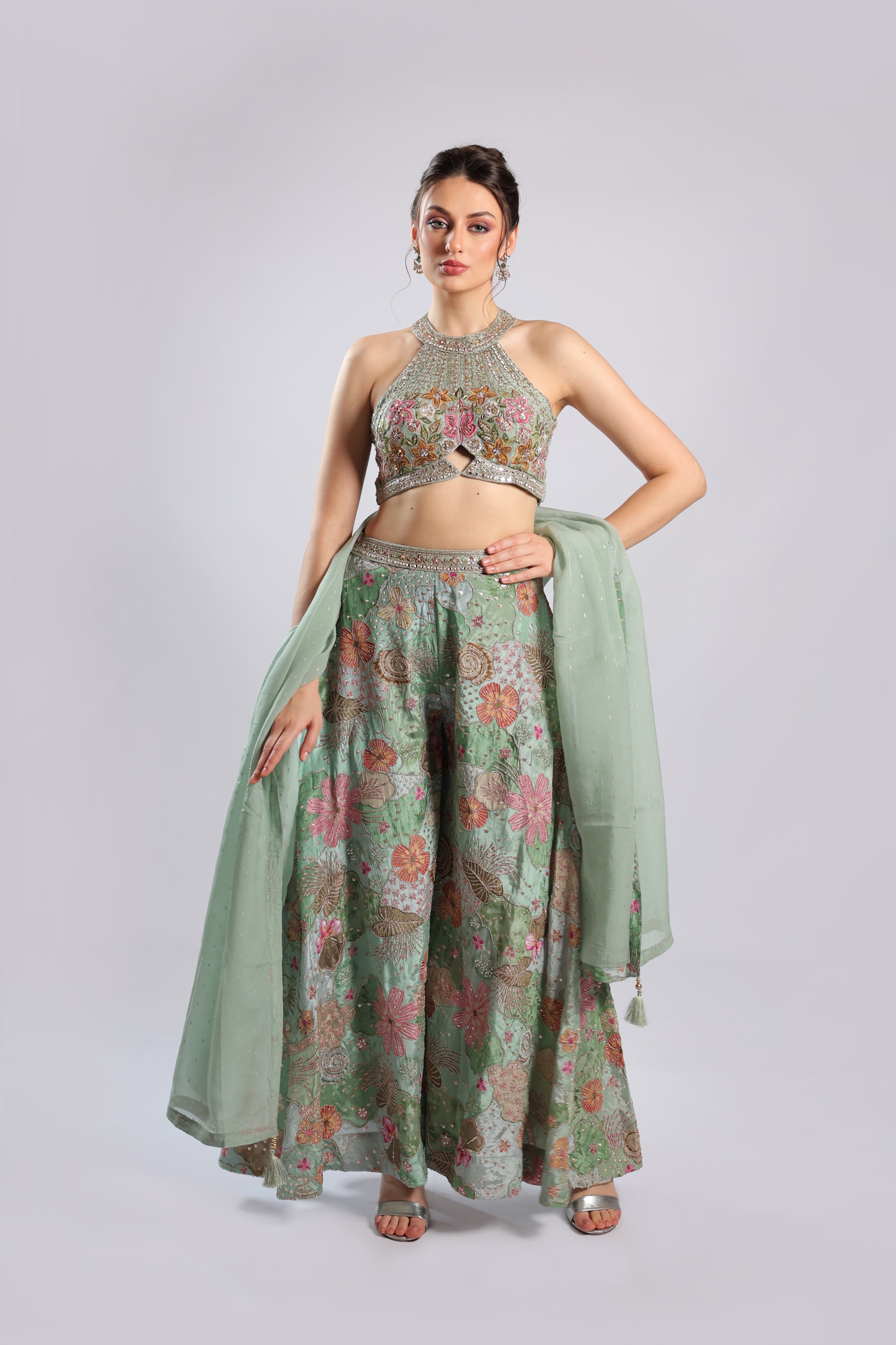 Dusty Blue Crepe Kurti Set Dupatta