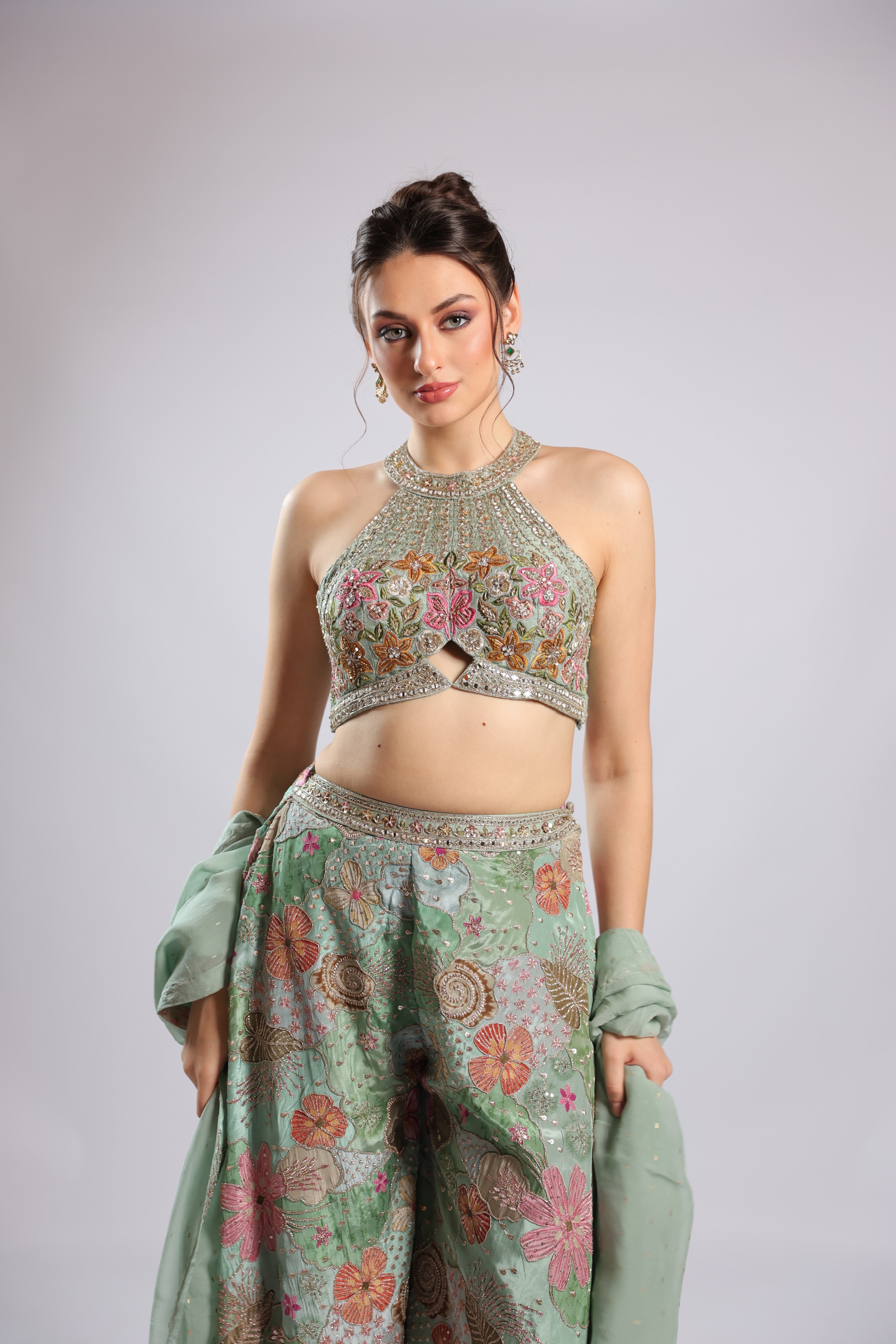 Dusty Blue Crepe Kurti Set Dupatta