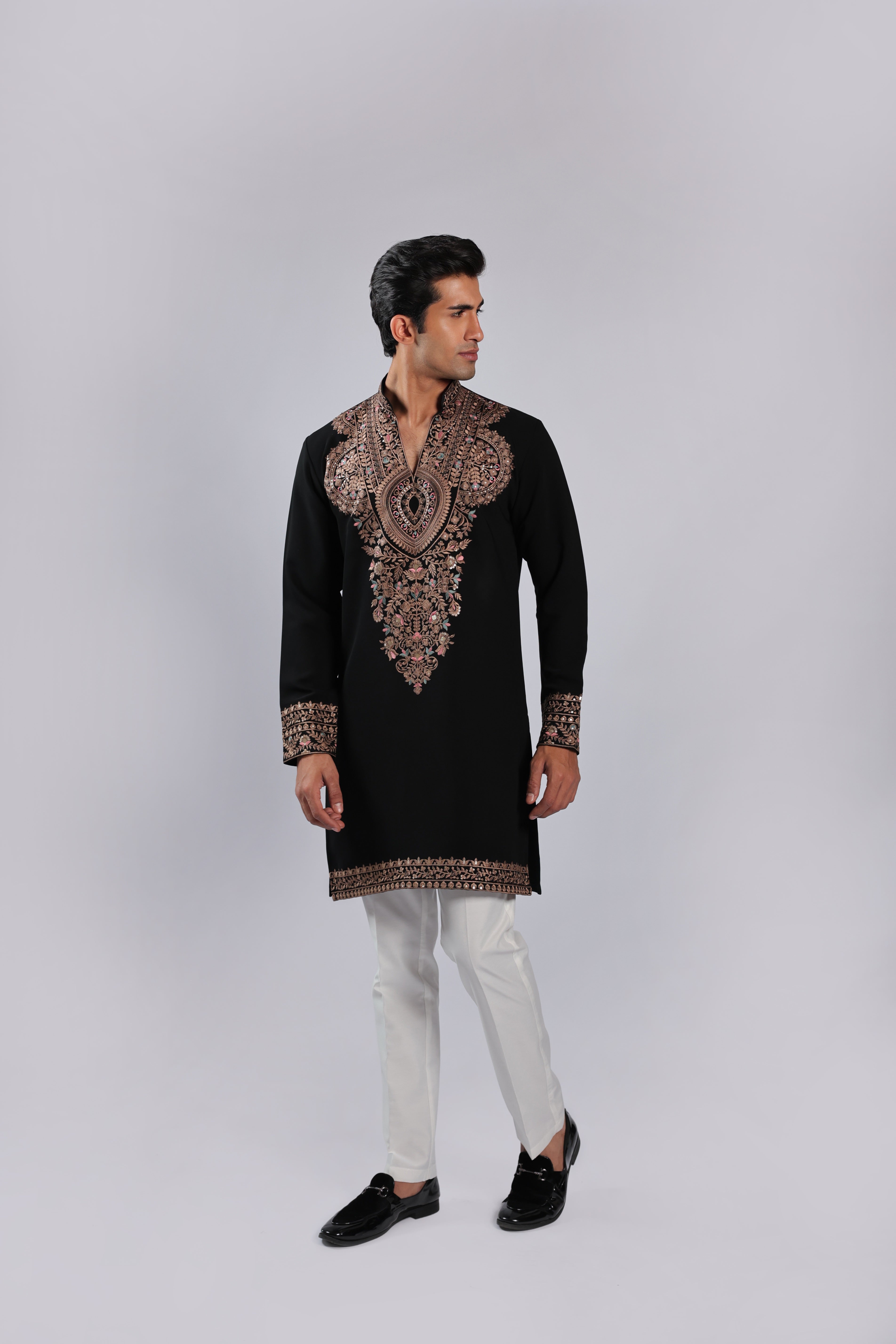 Black Mughal Zari, Resham & Sequin Embroidered Sherwani