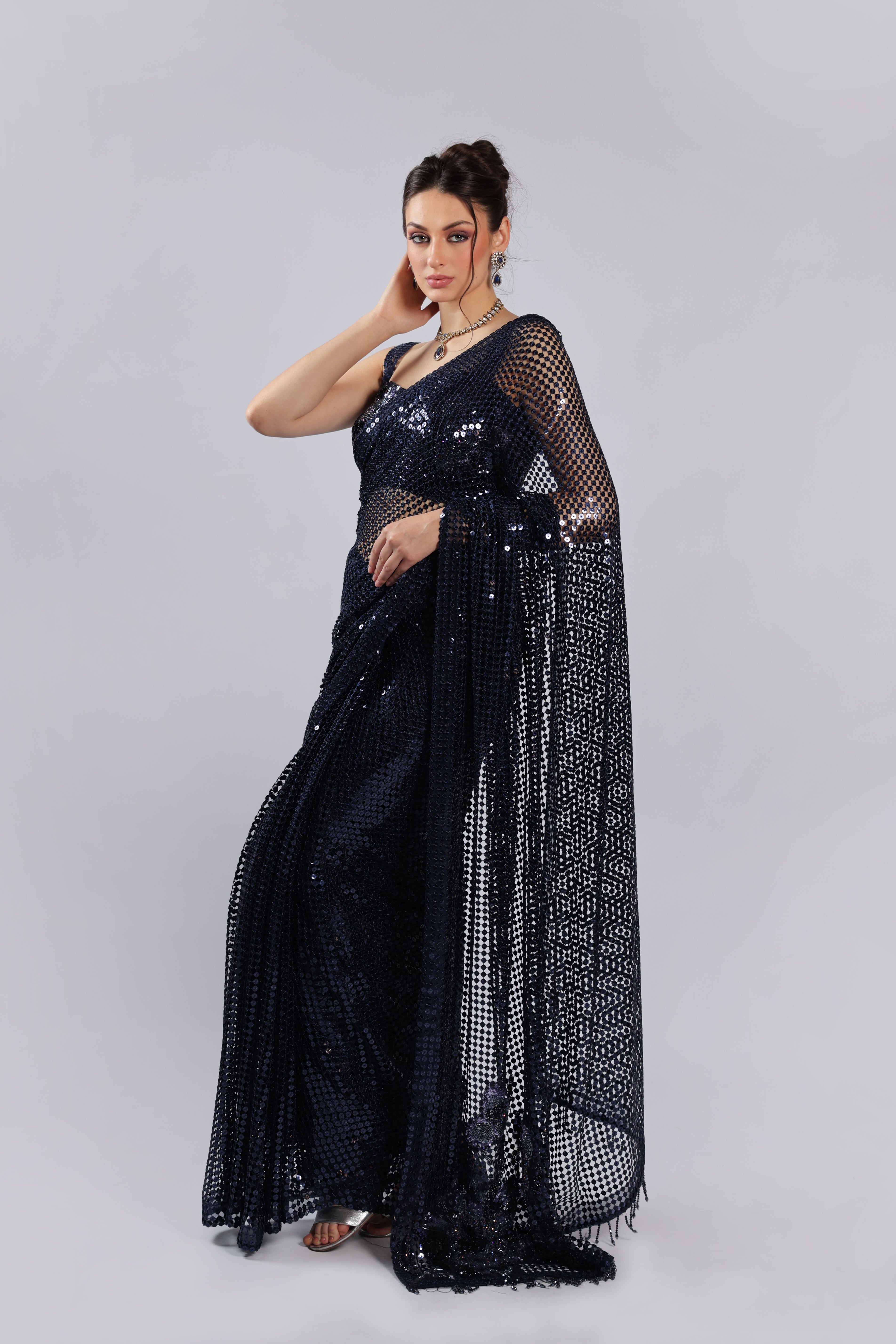 Navy Blue Net Saree