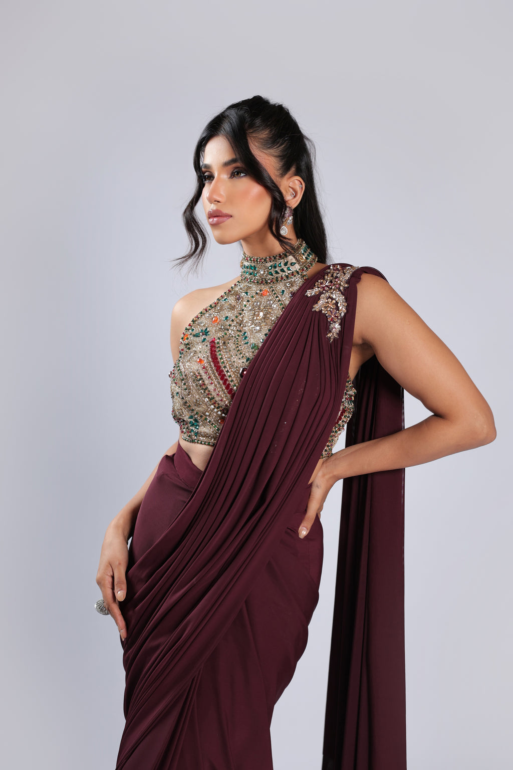 Mahroon Rm Saree in Lycra with Sequins, Emerald Stone & Cutdana Work