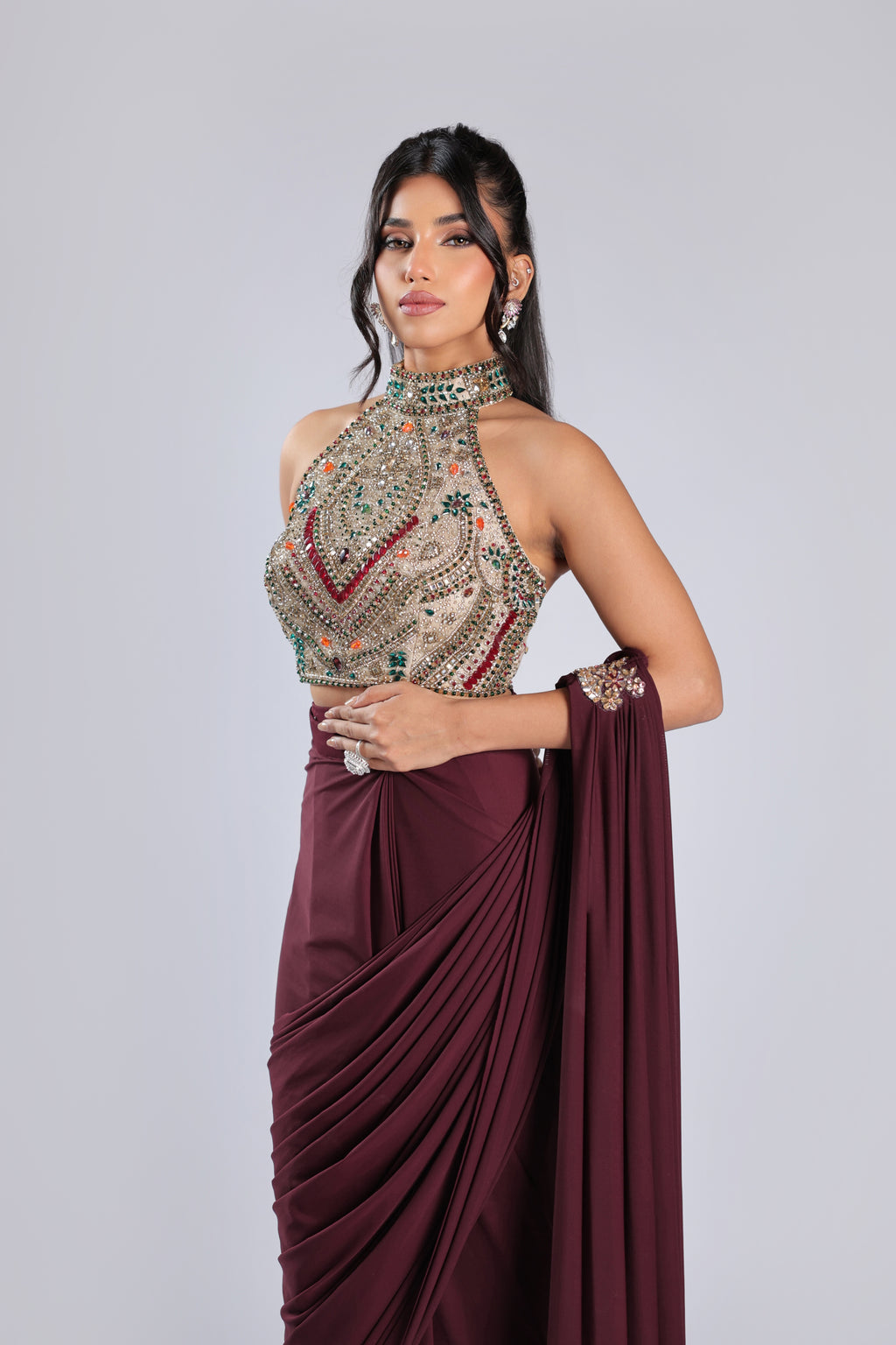 Mahroon Rm Saree in Lycra with Sequins, Emerald Stone & Cutdana Work