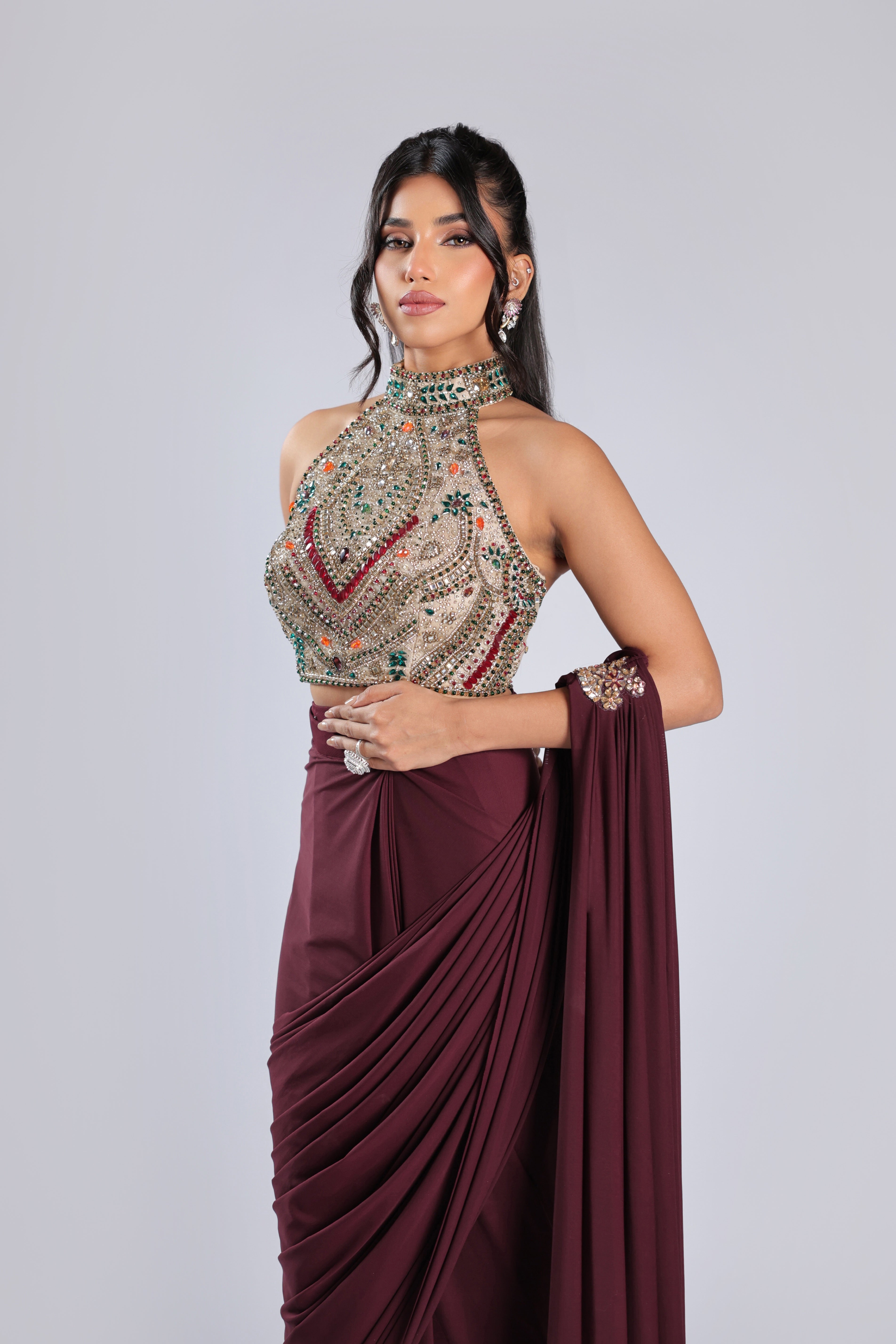 Mahroon Rm Saree in Lycra with Sequins, Emerald Stone & Cutdana Work