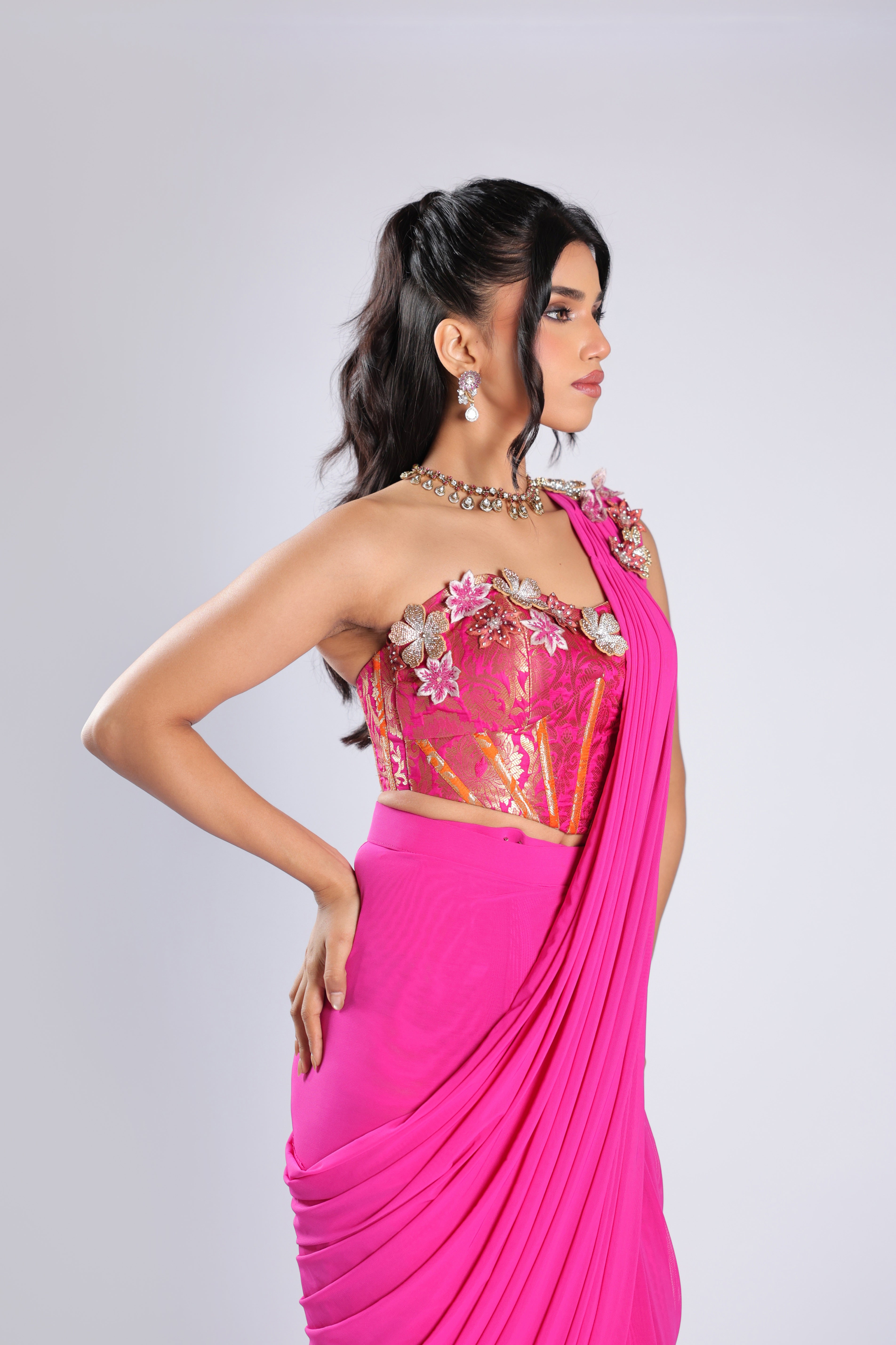 Pink Drape Saree in Lycra with Sequins & Stone Work