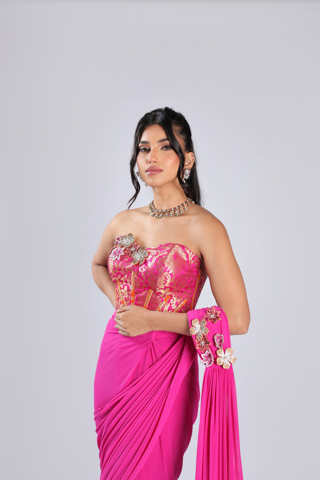 Pink Drape Saree in Lycra with Sequins & Stone Work
