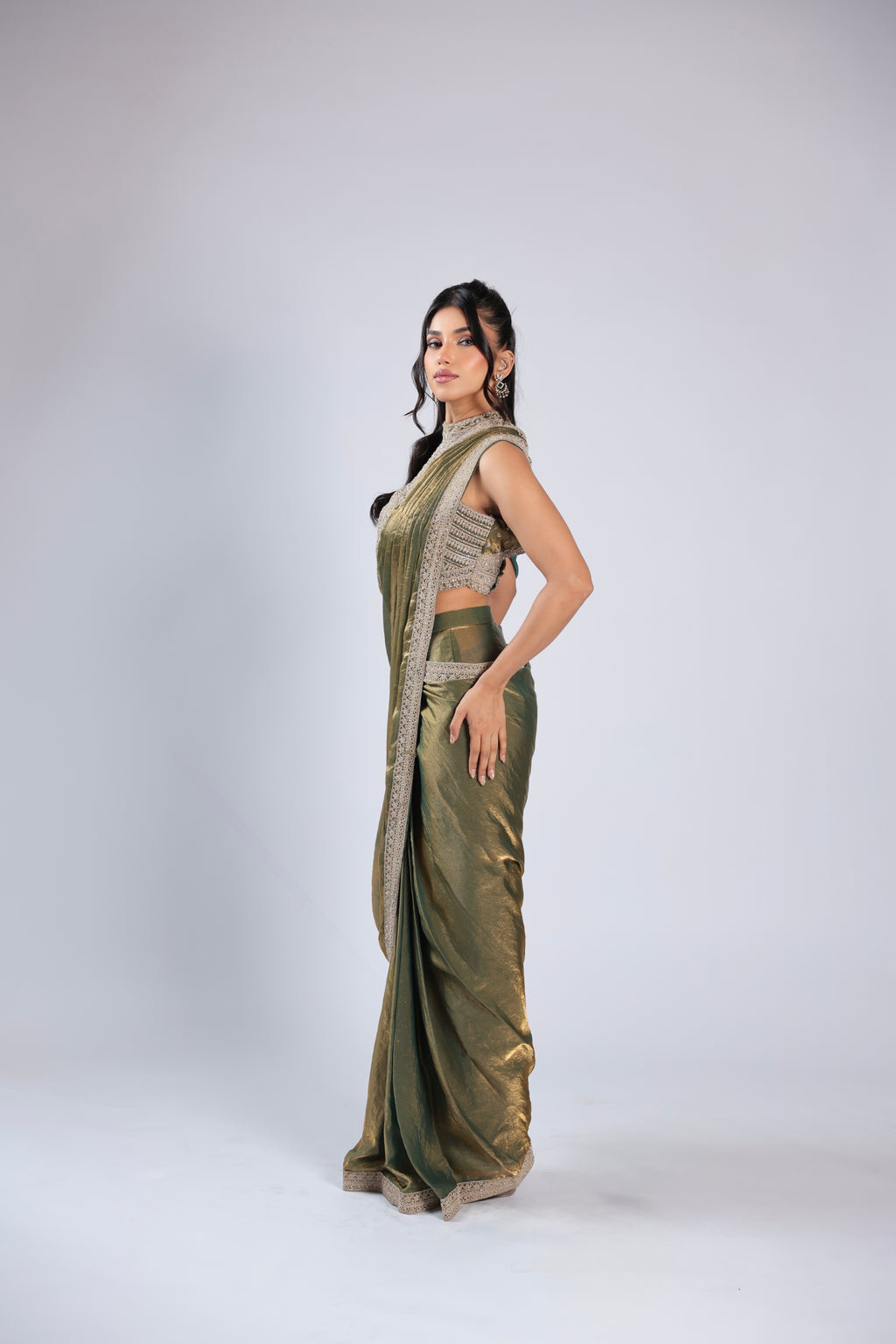 Green Rm Saree in Tissue with Zari, Sequins & Mirror Work