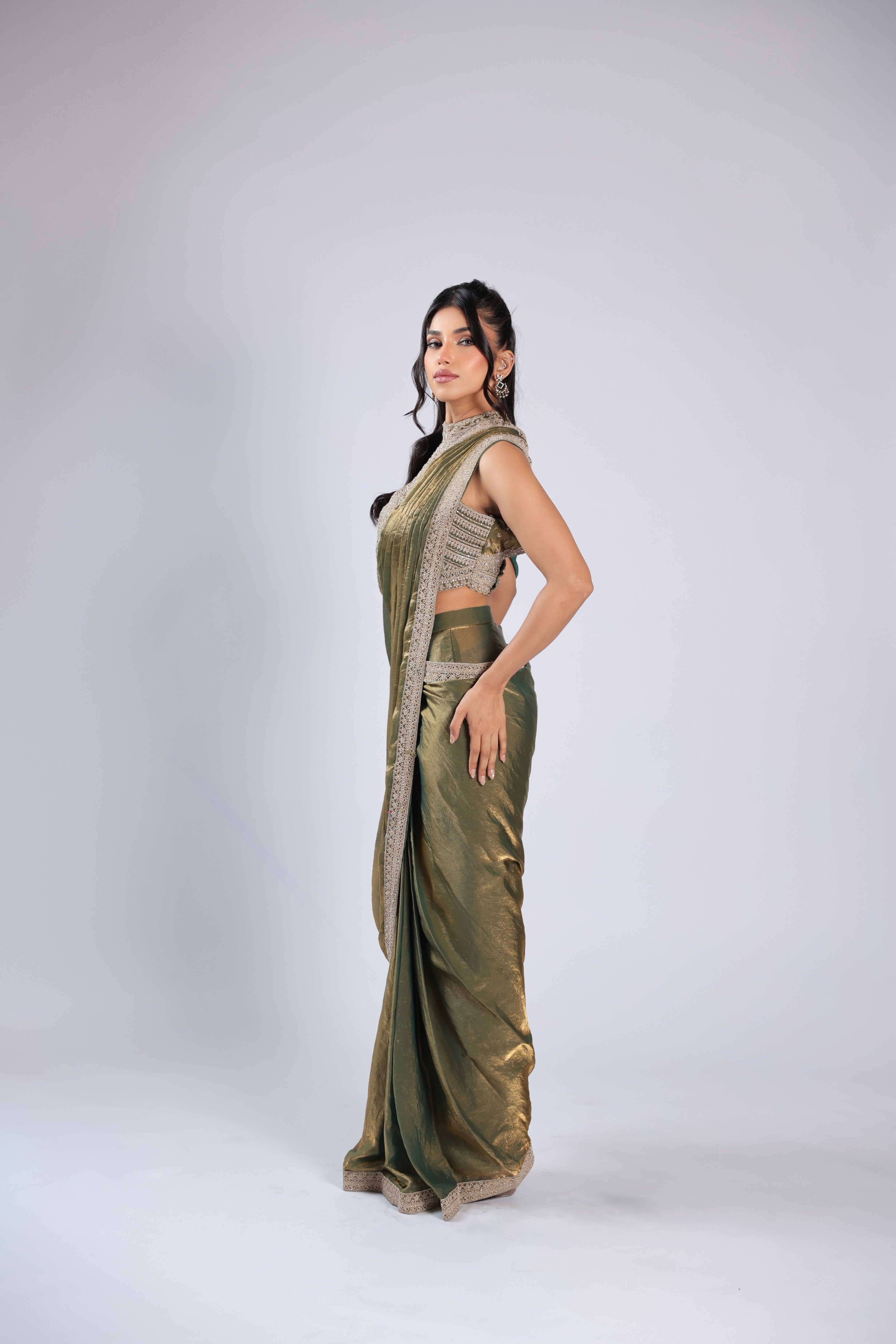 Green Rm Saree in Tissue with Zari, Sequins & Mirror Work