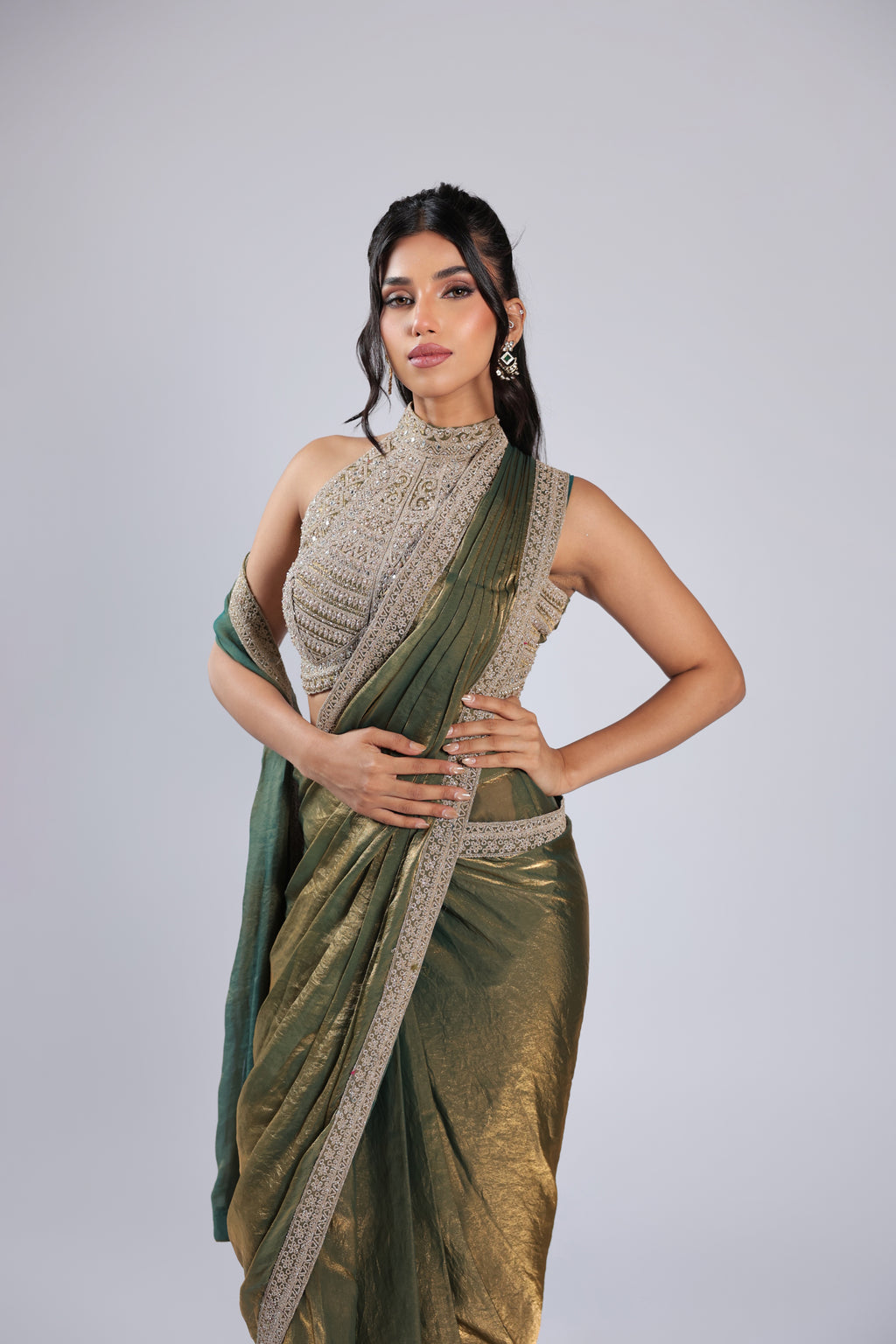 Green Rm Saree in Tissue with Zari, Sequins & Mirror Work