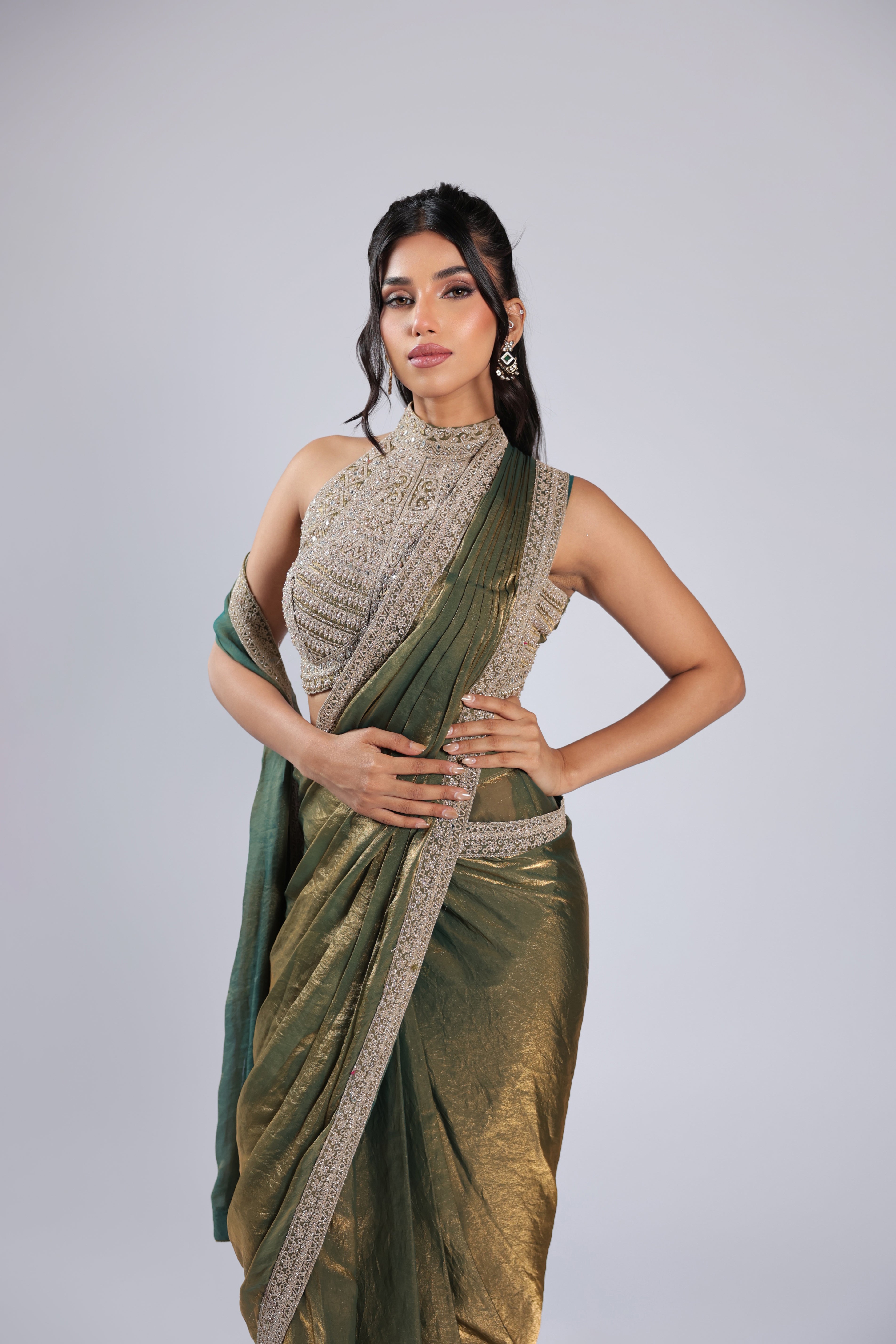 Green Rm Saree in Tissue with Zari, Sequins & Mirror Work
