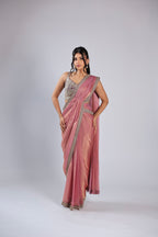 Pink Drape Saree in Tissue with Zari &  Mirror Work