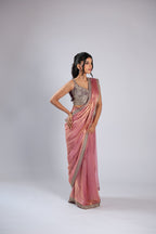 Pink Drape Saree in Tissue with Zari &  Mirror Work