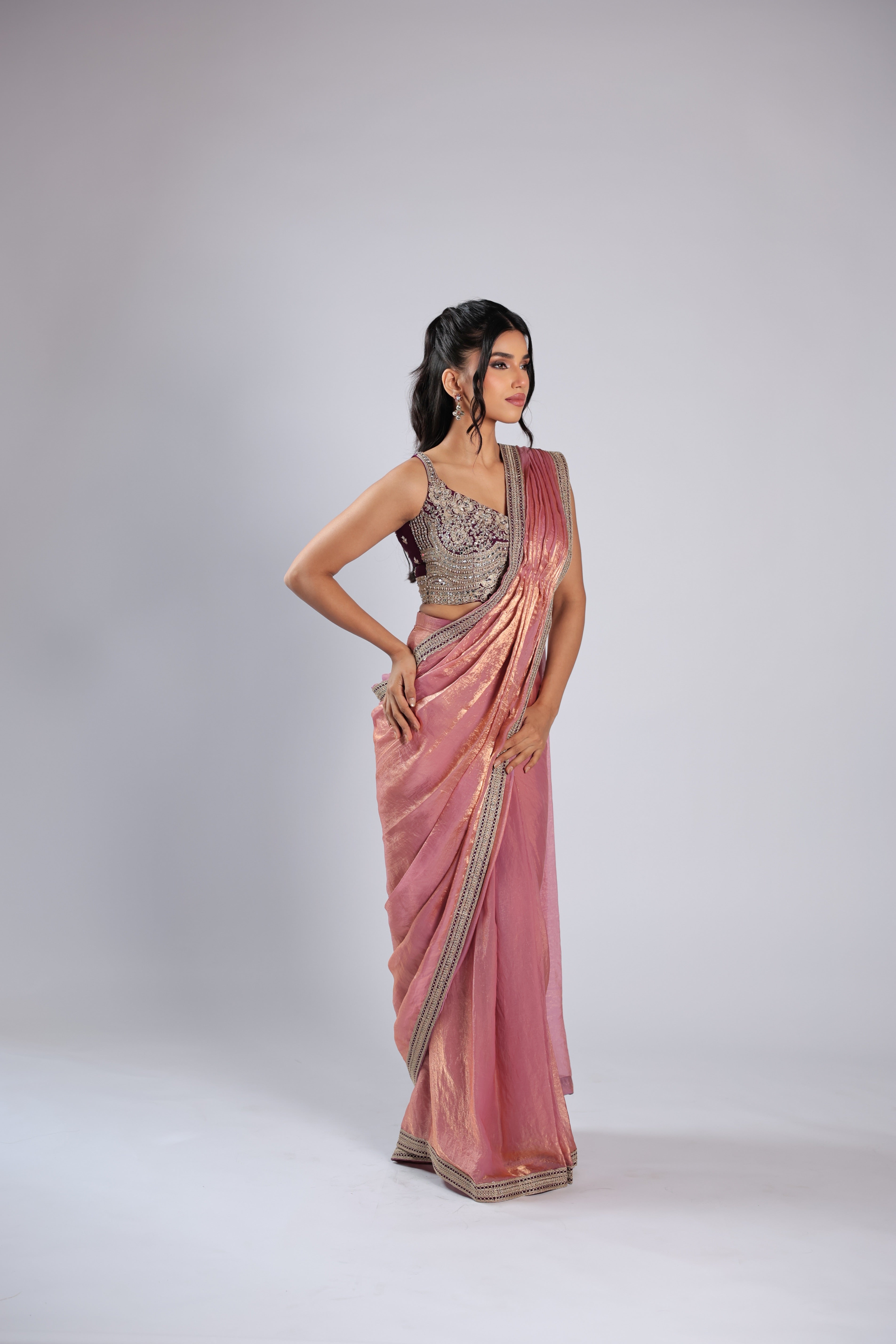 Pink Drape Saree in Tissue with Zari &  Mirror Work