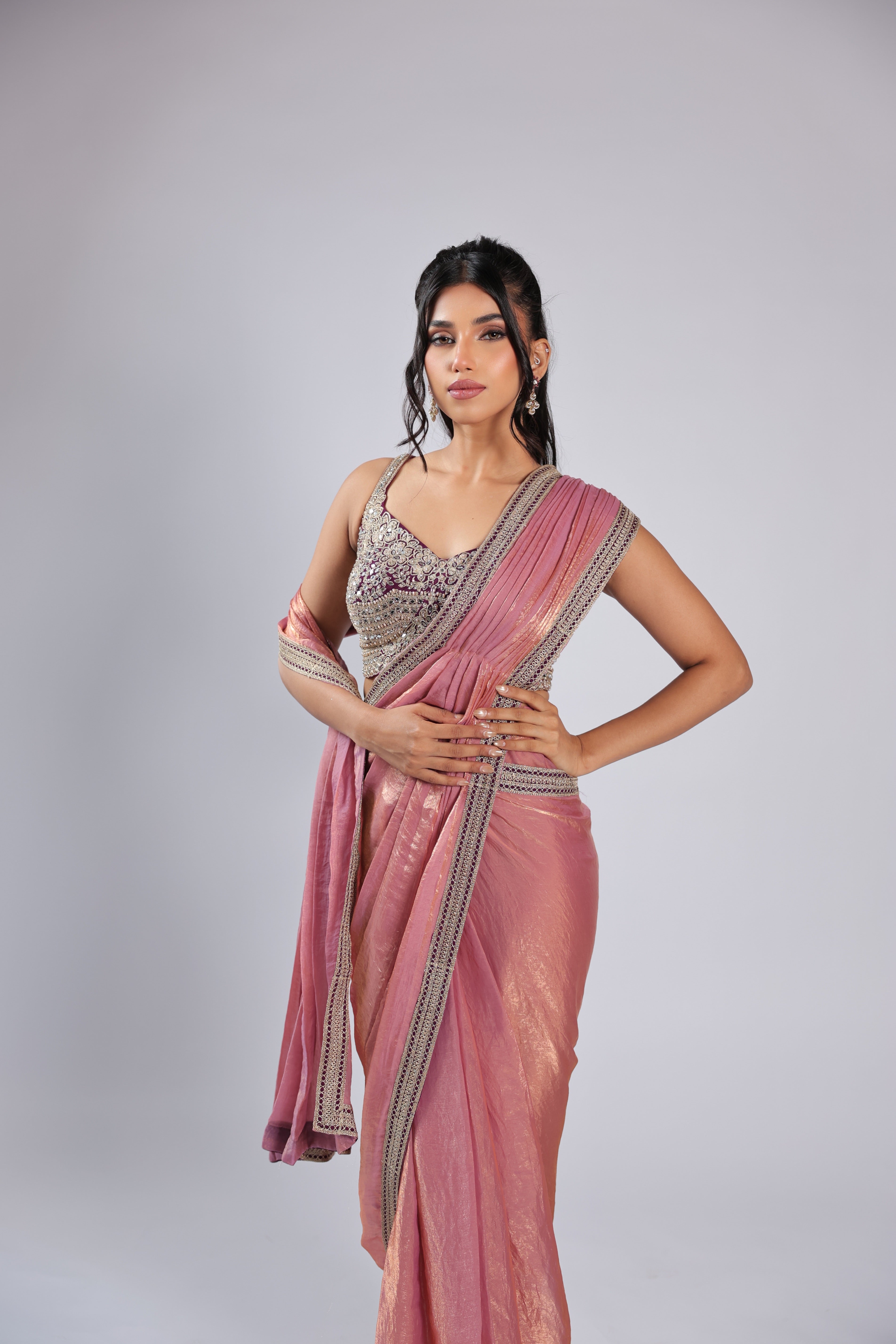 Pink Drape Saree in Tissue with Zari &  Mirror Work