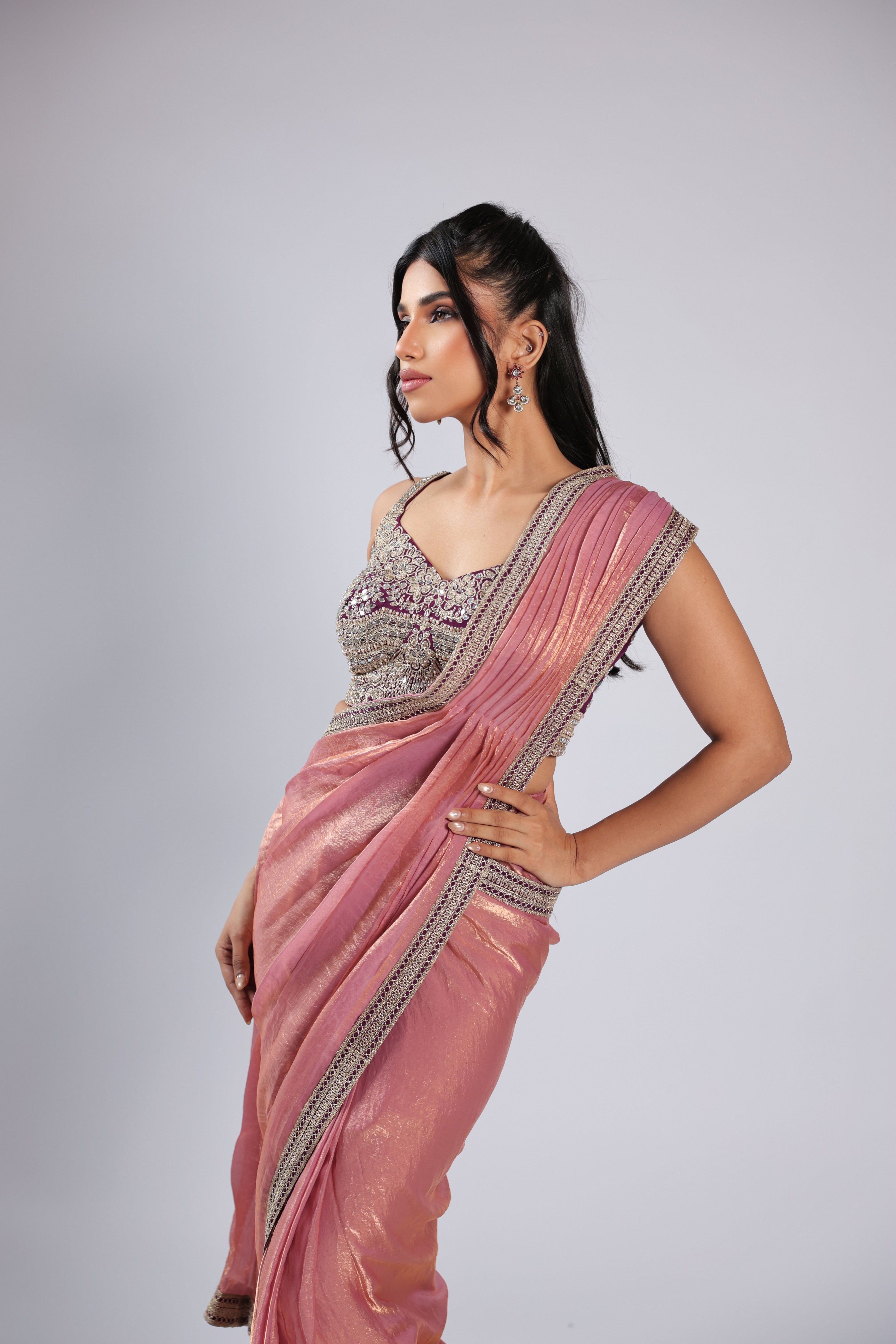 Pink Drape Saree in Tissue with Zari &  Mirror Work