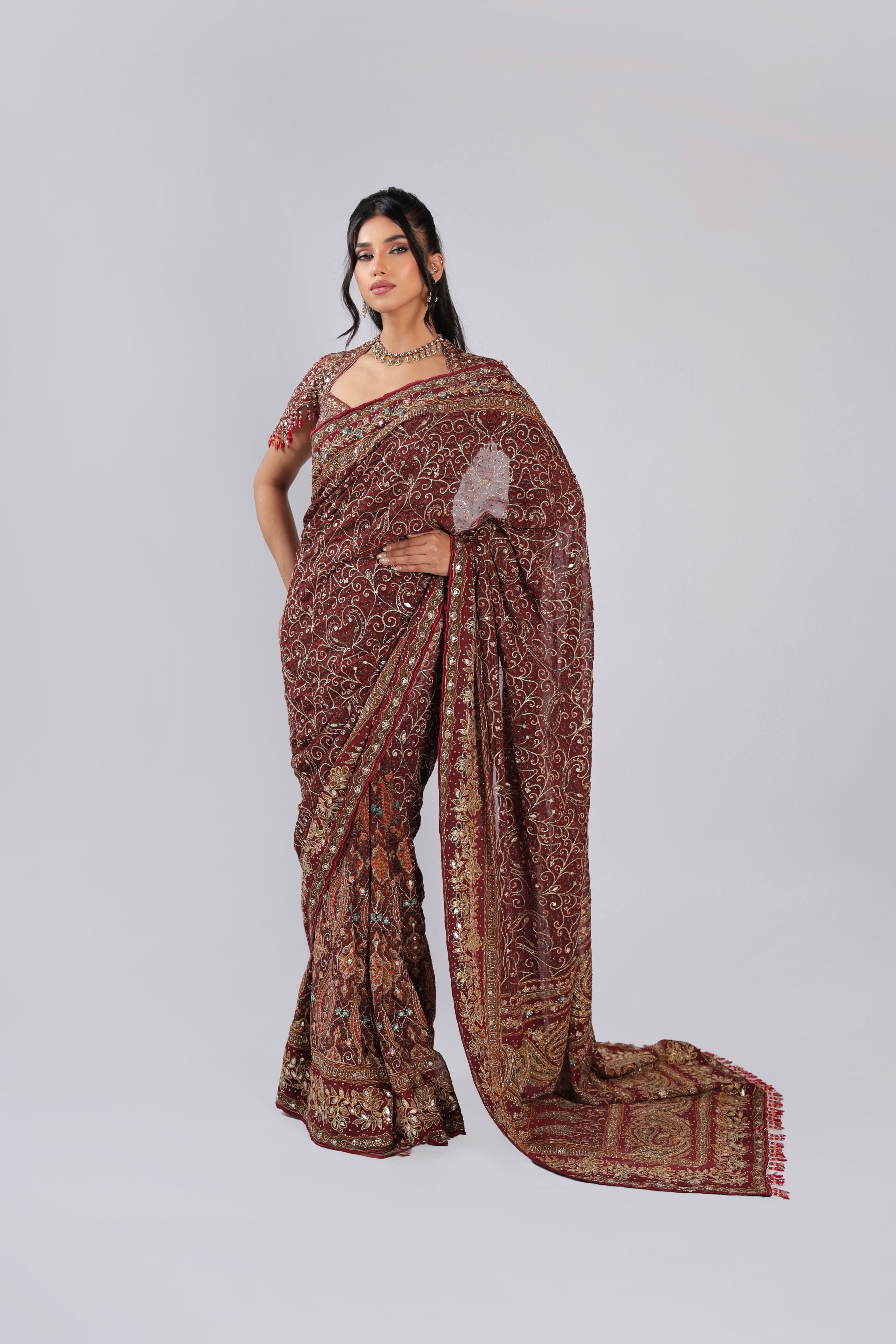 Mahroon Saree in Georgette with Aari & Gotta Patti Work