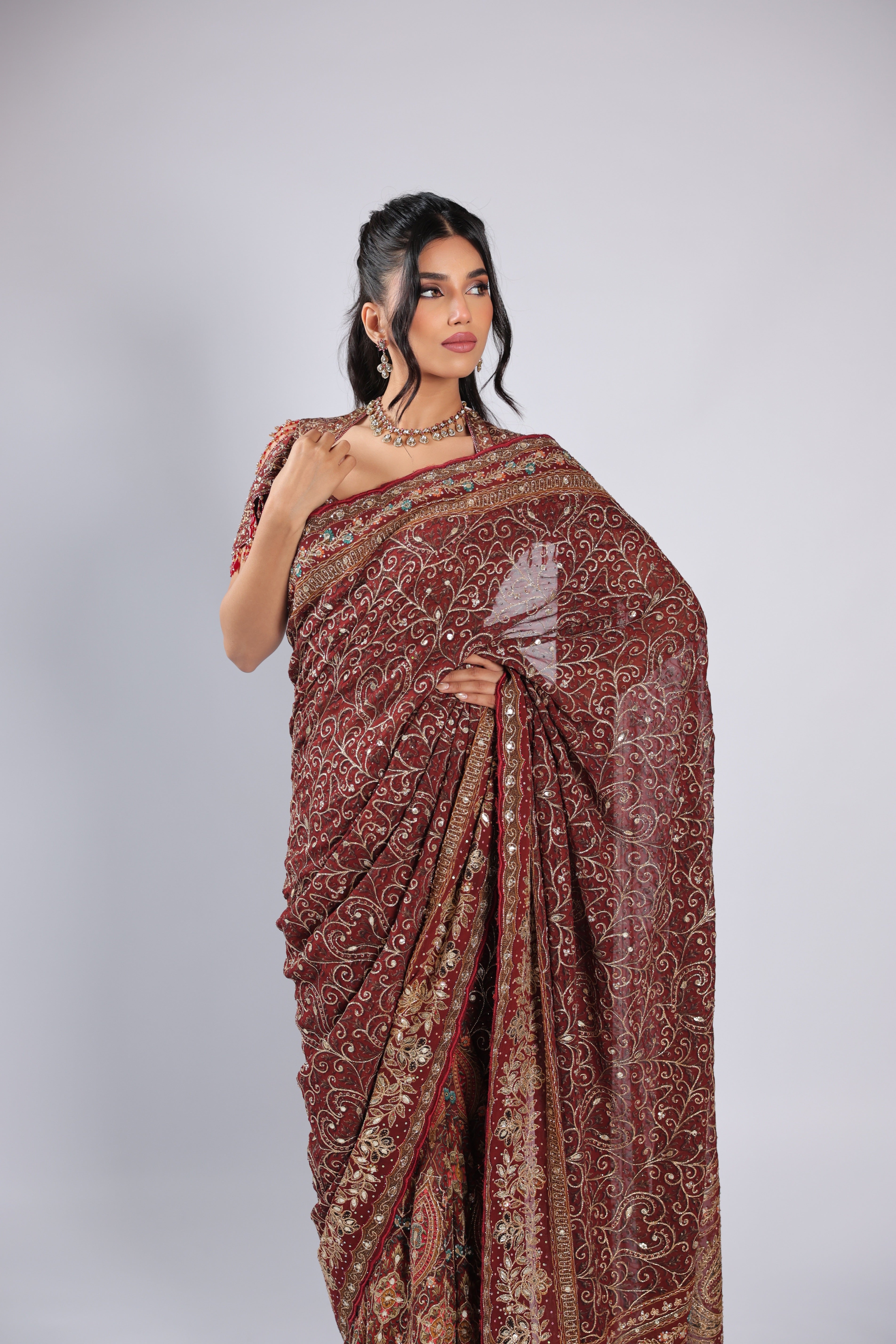 Mahroon Saree in Georgette with Aari & Gotta Patti Work