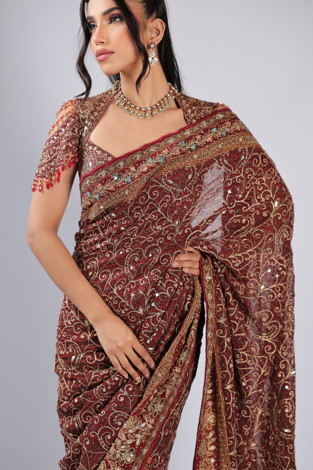 Mahroon Saree in Georgette with Aari & Gotta Patti Work