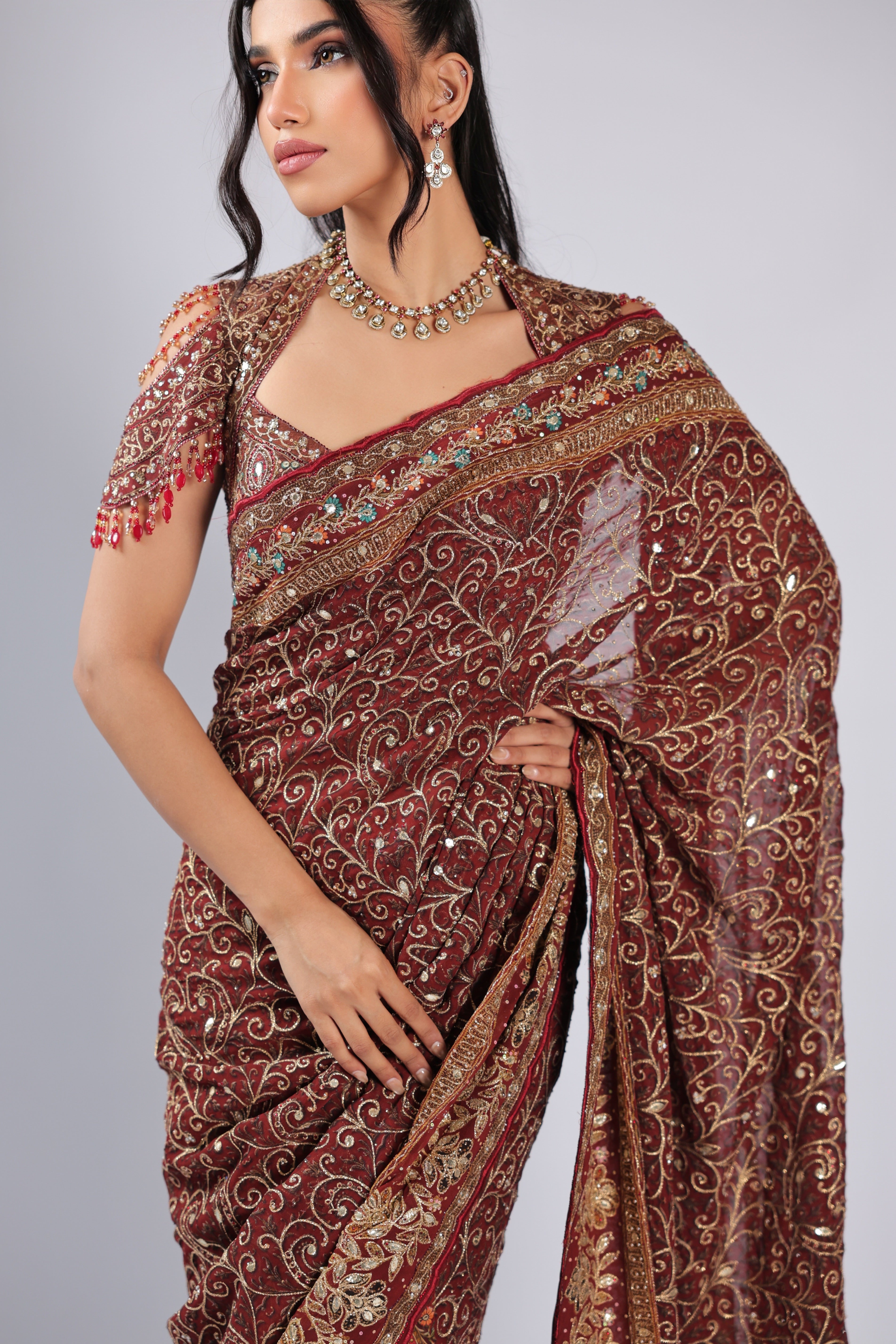 Mahroon Saree in Georgette with Aari & Gotta Patti Work