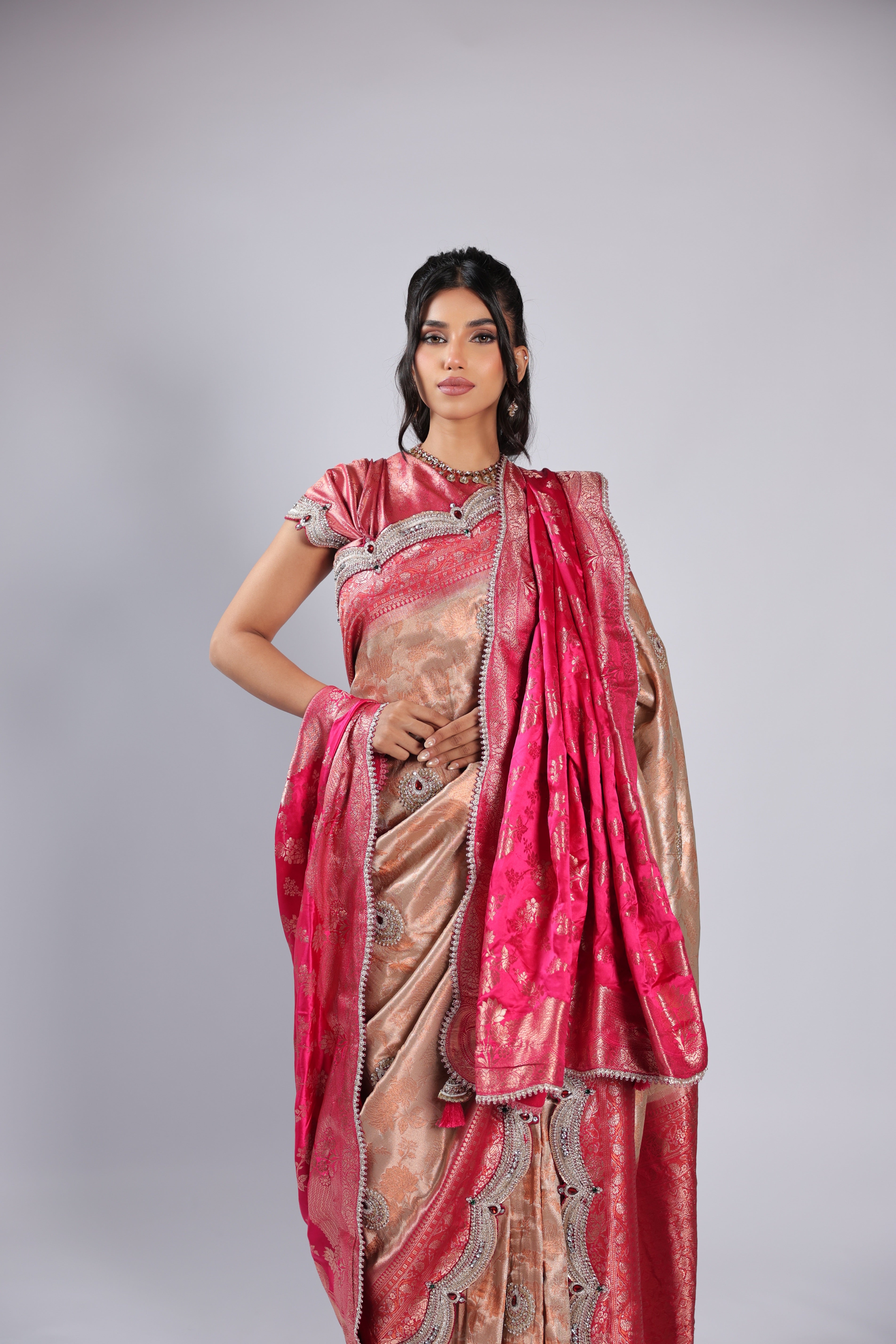 Peach Saree in Silk with Cutdana , Sequins & Zari Weaving