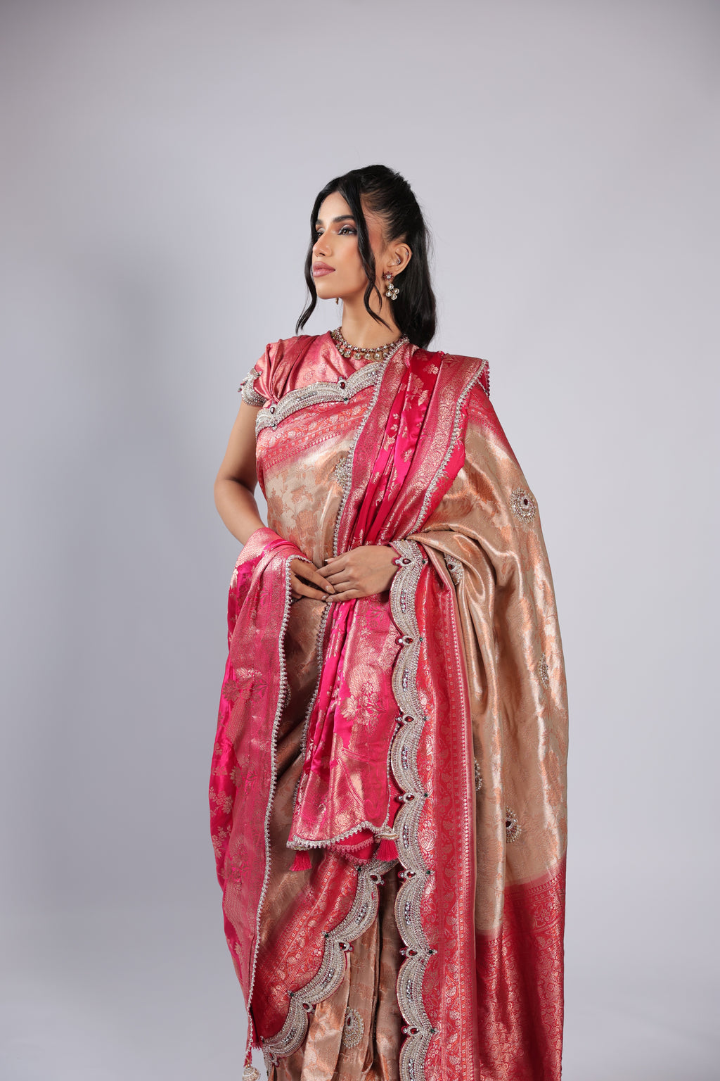 Peach Saree in Silk with Cutdana , Sequins & Zari Weaving