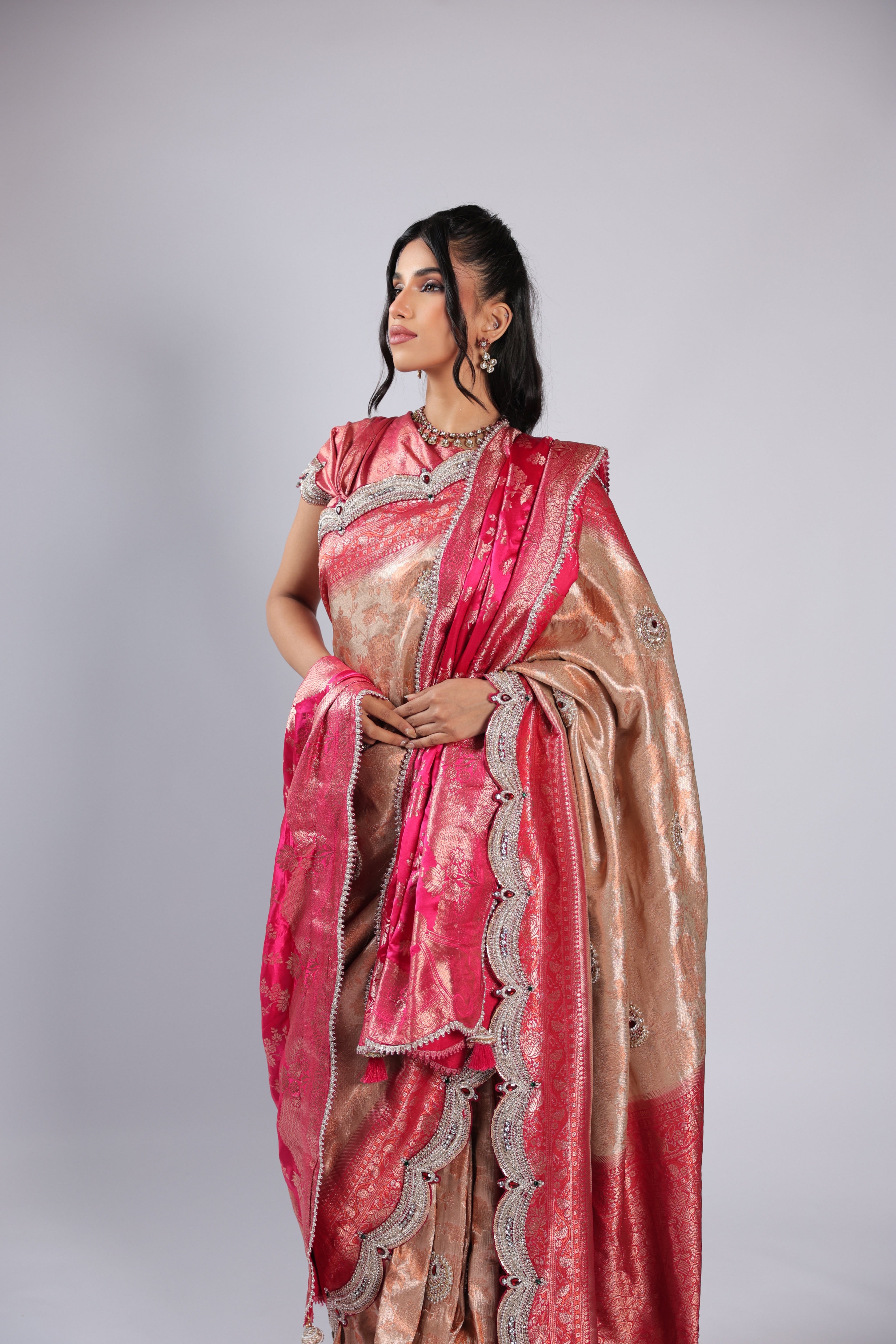 Peach Saree in Silk with Cutdana , Sequins & Zari Weaving