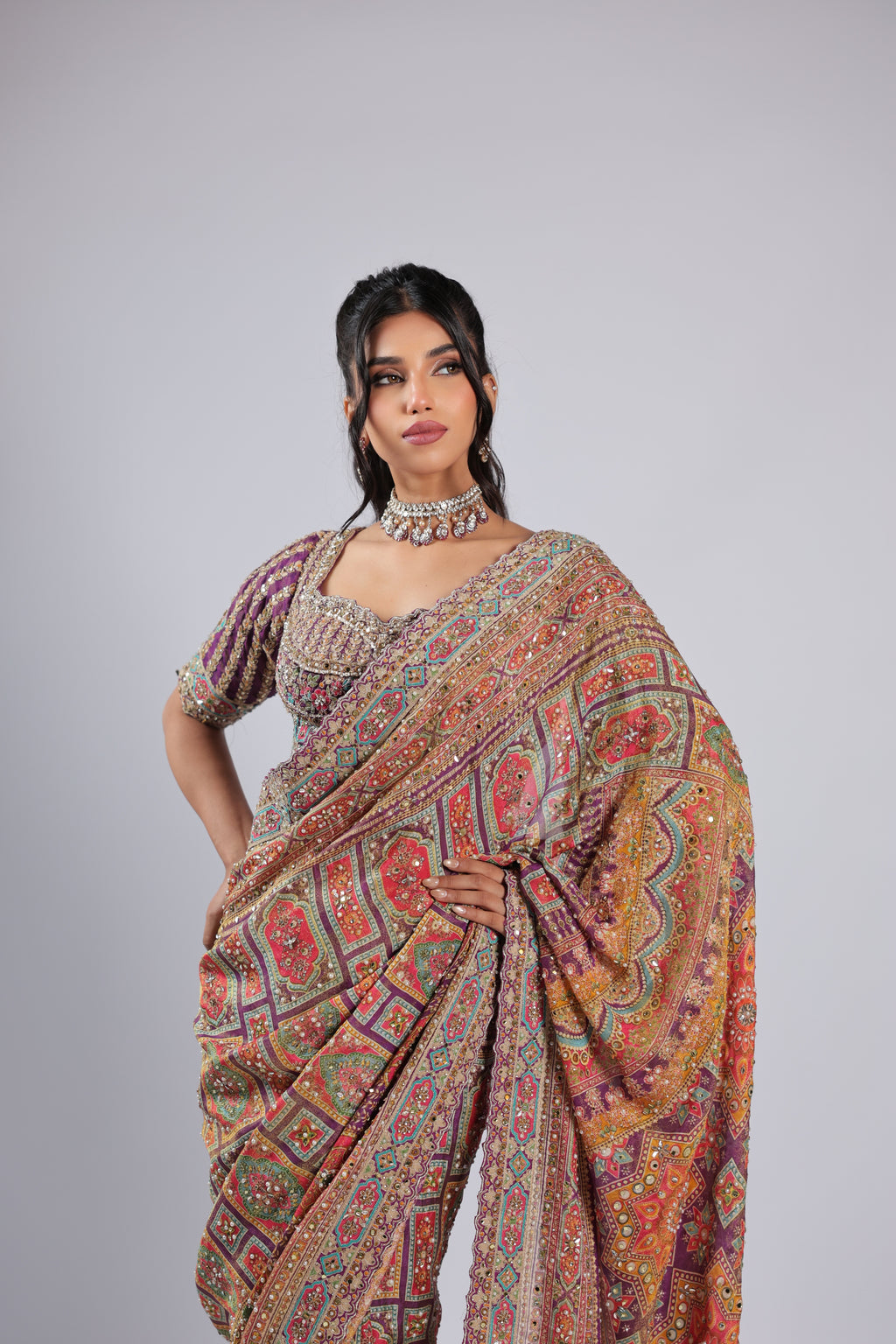 Purple Saree in Tissue with Zari, Reasham Thread Work & Sequins