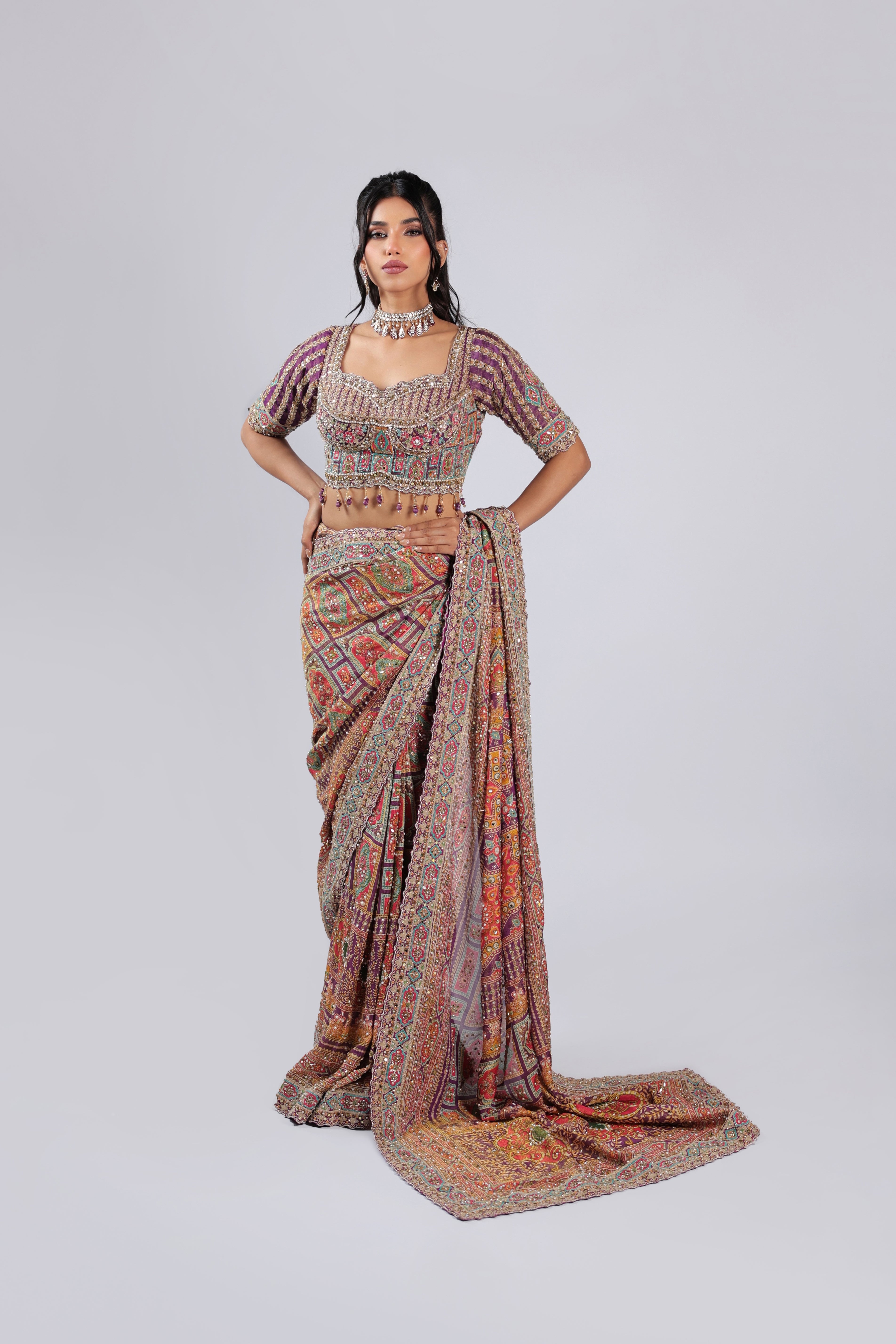 Purple Saree in Tissue with Zari, Reasham Thread Work & Sequins
