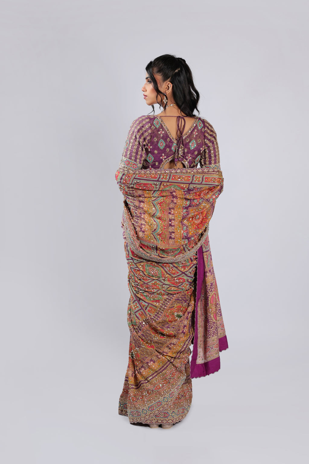 Purple Saree in Tissue with Zari, Reasham Thread Work & Sequins