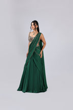 Green Drape Saree in Satin with Mirror & Ari Work