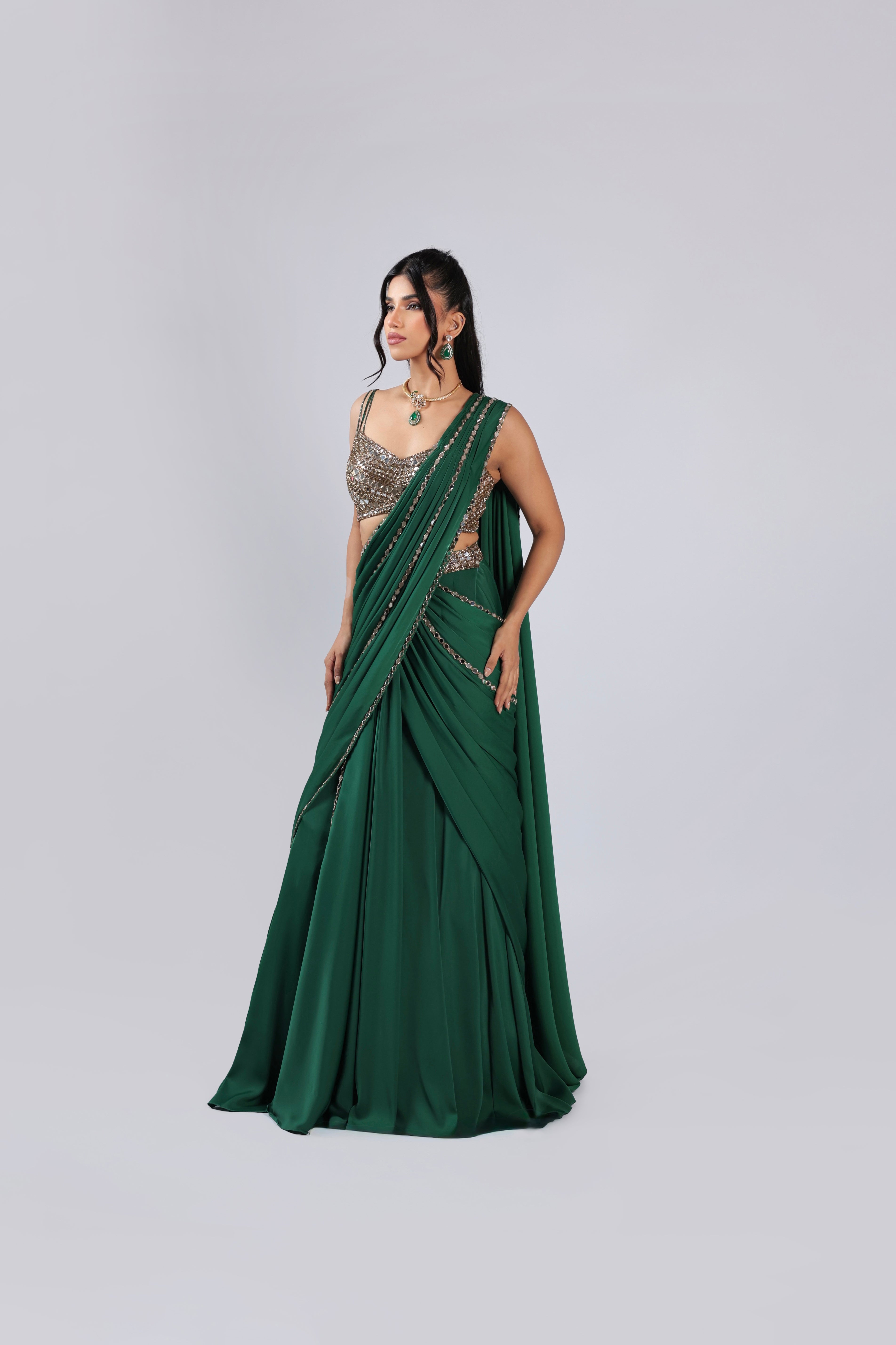 Green Drape Saree in Satin with Mirror & Ari Work