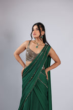 Green Drape Saree in Satin with Mirror & Ari Work