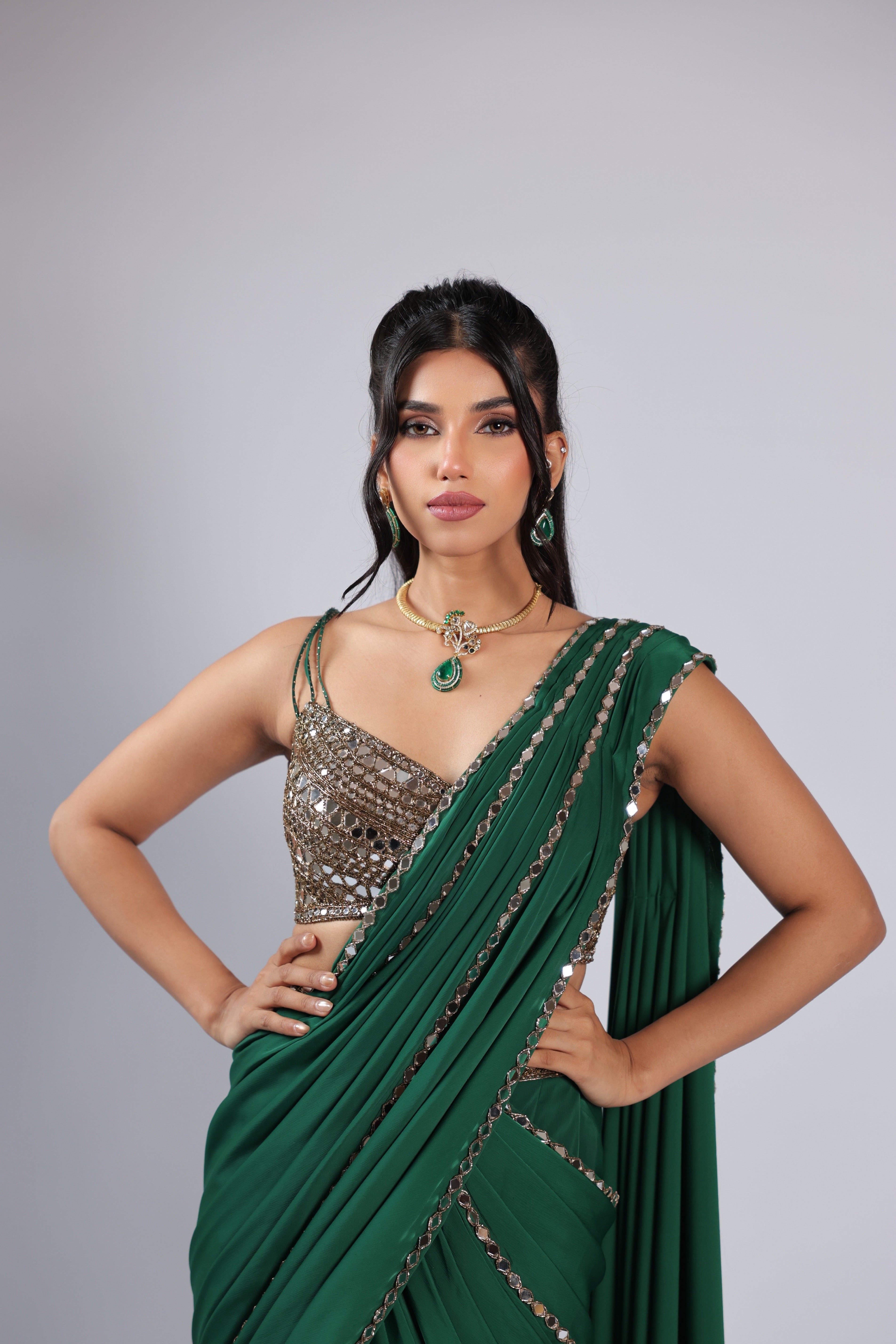 Green Drape Saree in Satin with Mirror & Ari Work