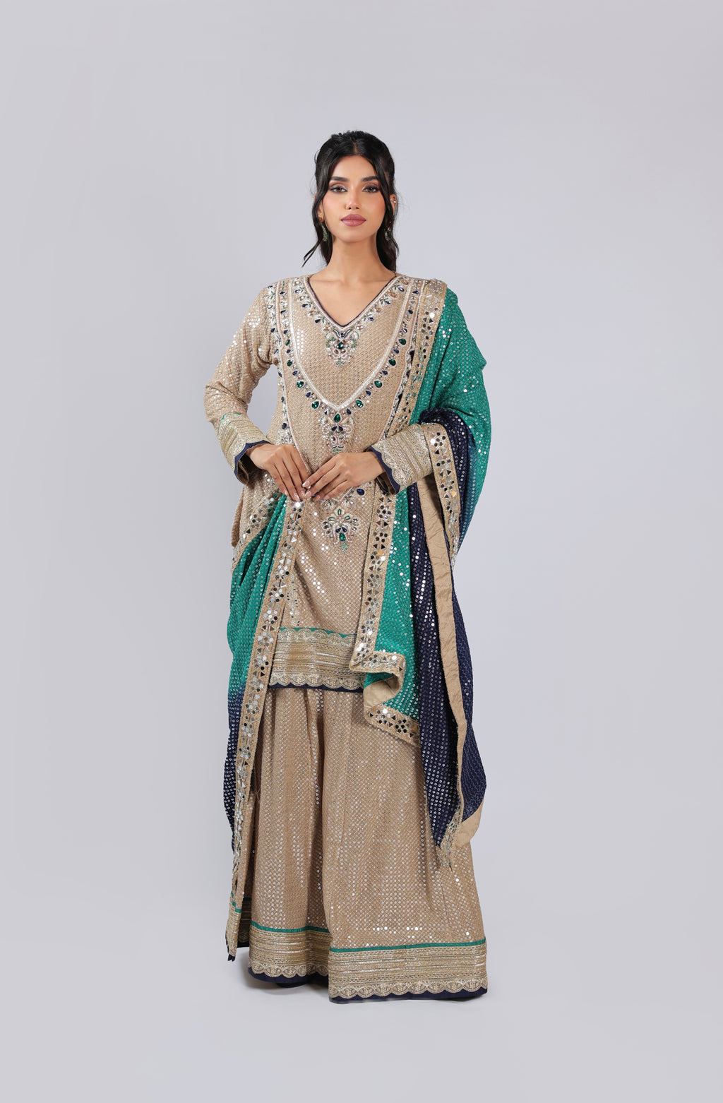 Golden Rm Suit in Georgette with All Over Sequins &  Beats Work