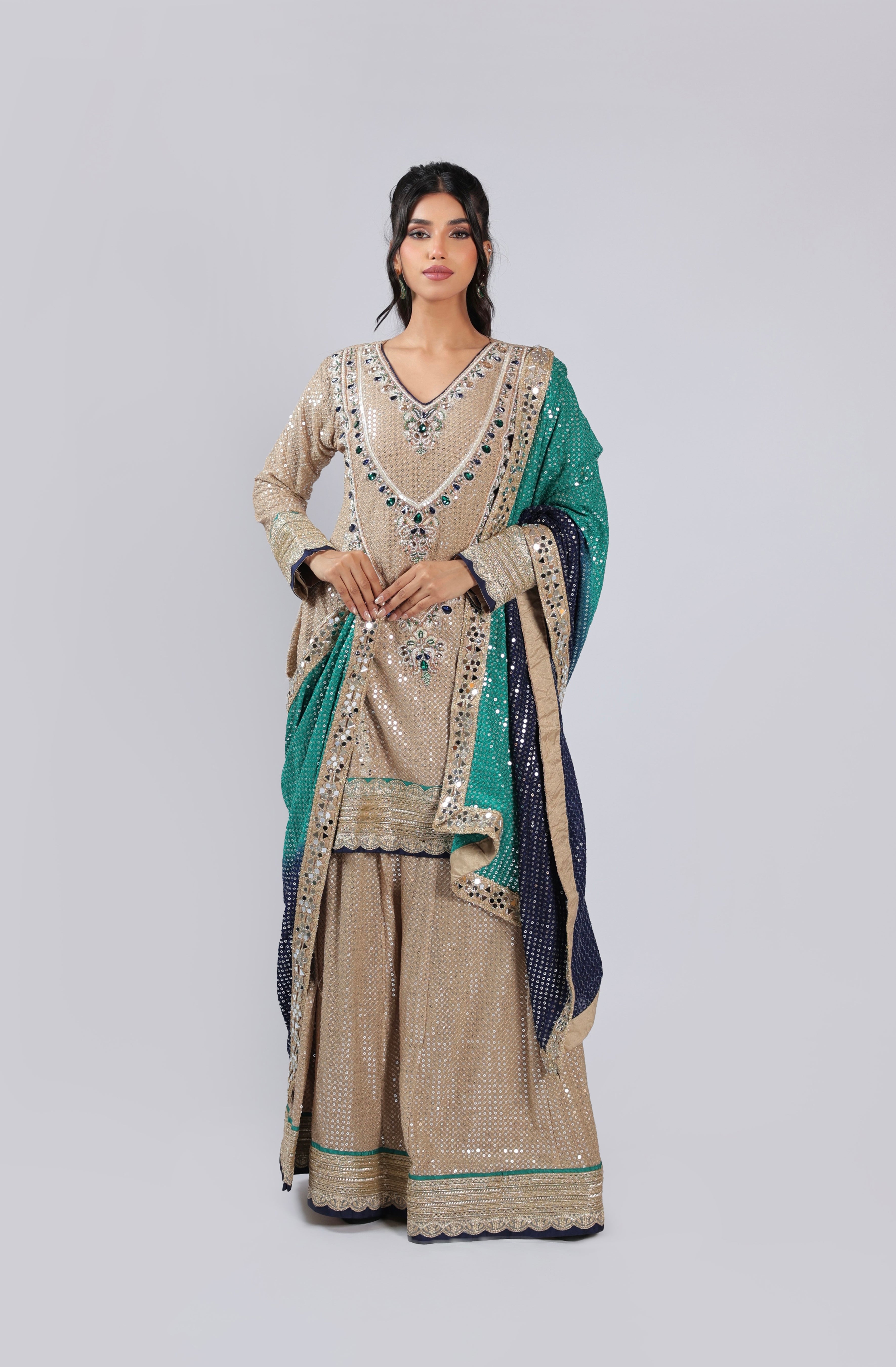 Golden Rm Suit in Georgette with All Over Sequins &  Beats Work