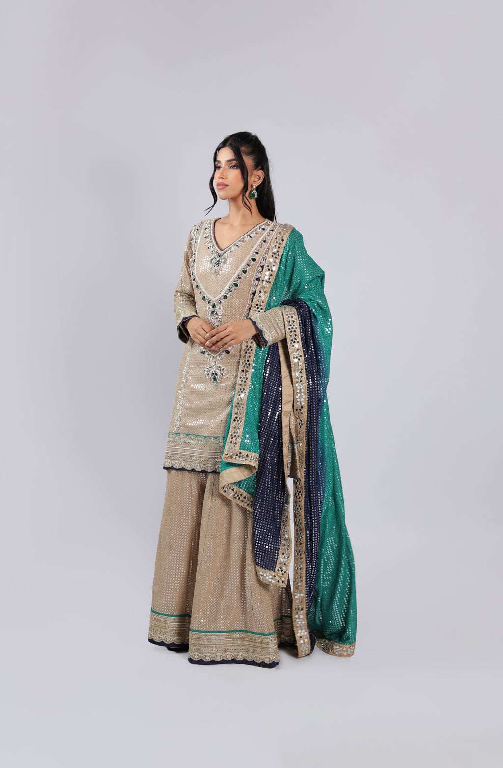 Golden Rm Suit in Georgette with All Over Sequins &  Beats Work