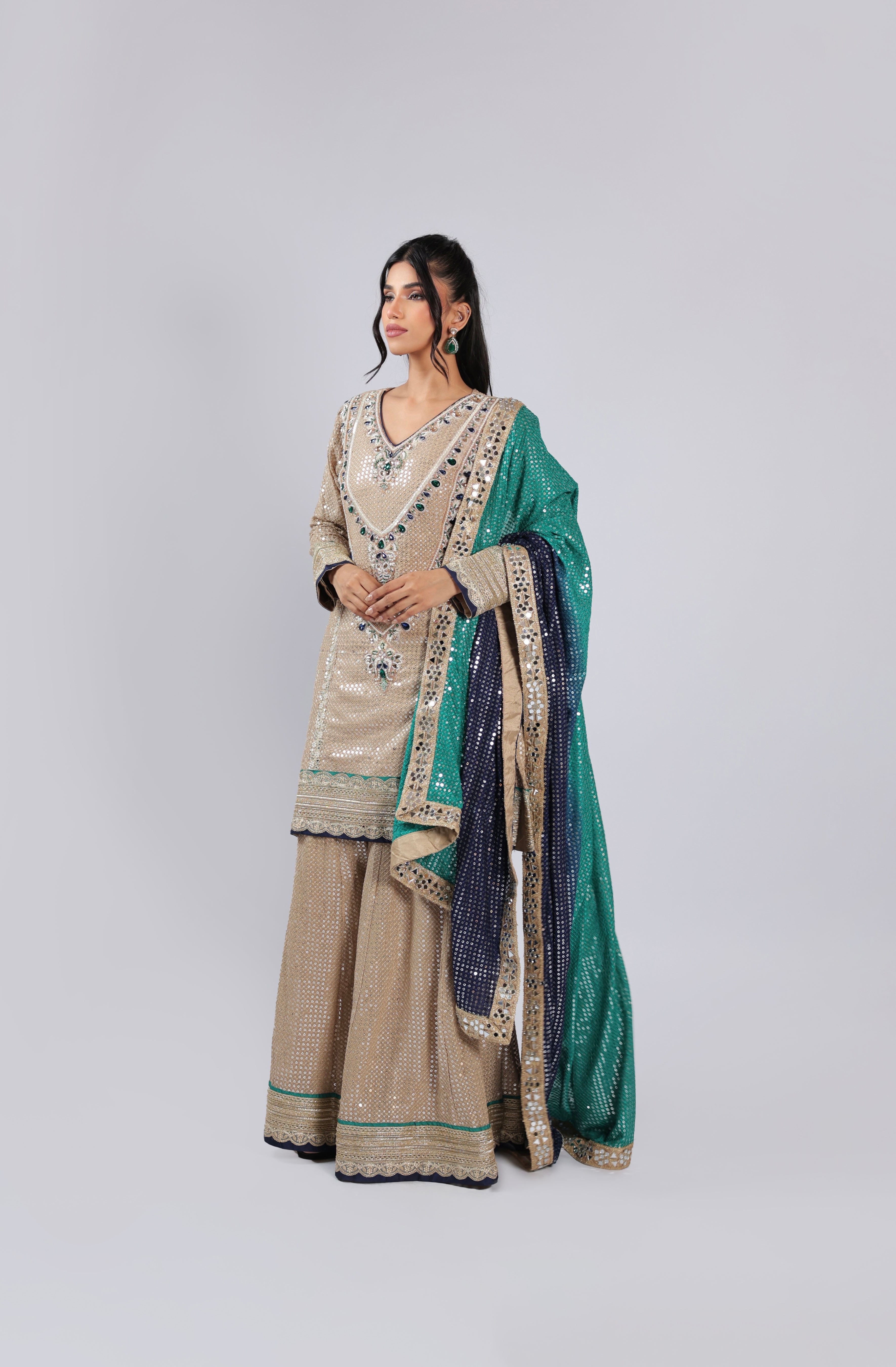 Golden Rm Suit in Georgette with All Over Sequins &  Beats Work