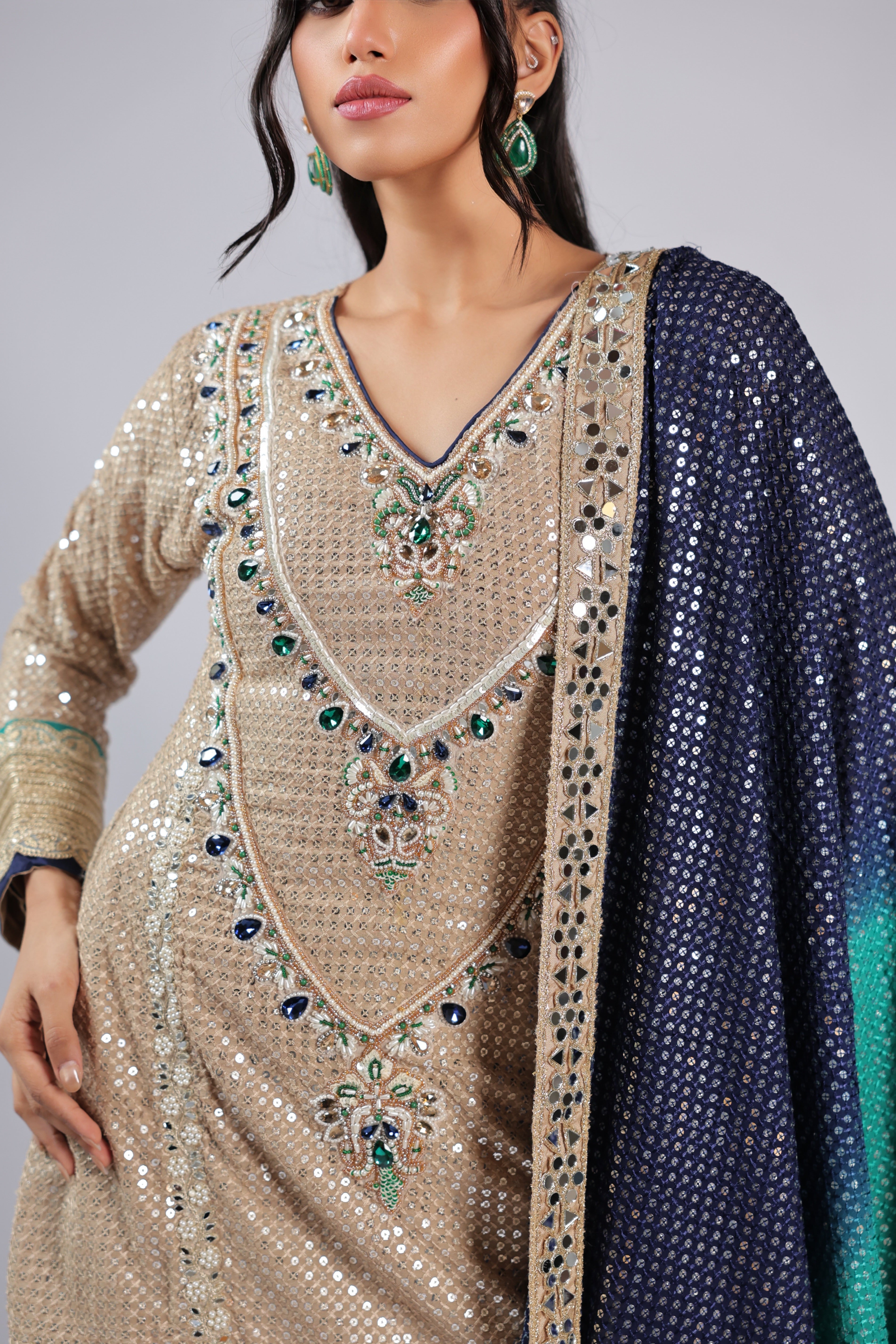 Golden Rm Suit in Georgette with All Over Sequins &  Beats Work