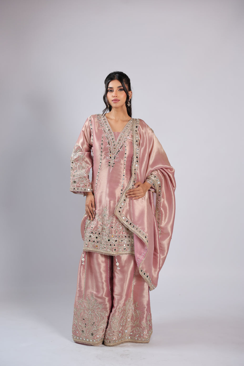 Golden Rm Suit in Tissue Silk with Zari , Sequins & Resham Thread Work