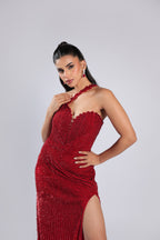 Red Gown in Lycra Net with Sequins & Bead Work