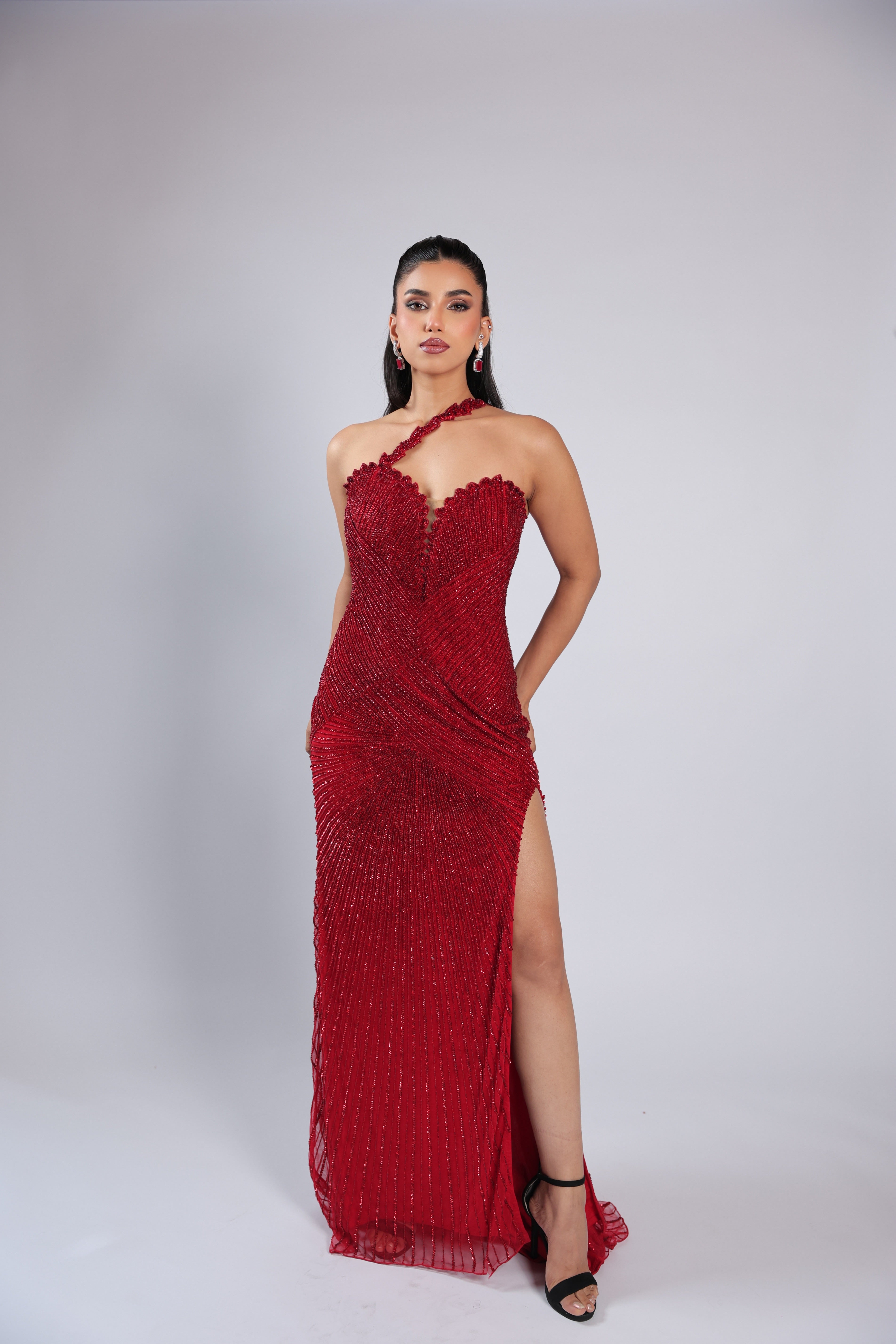 Red Gown in Lycra Net with Sequins & Bead Work