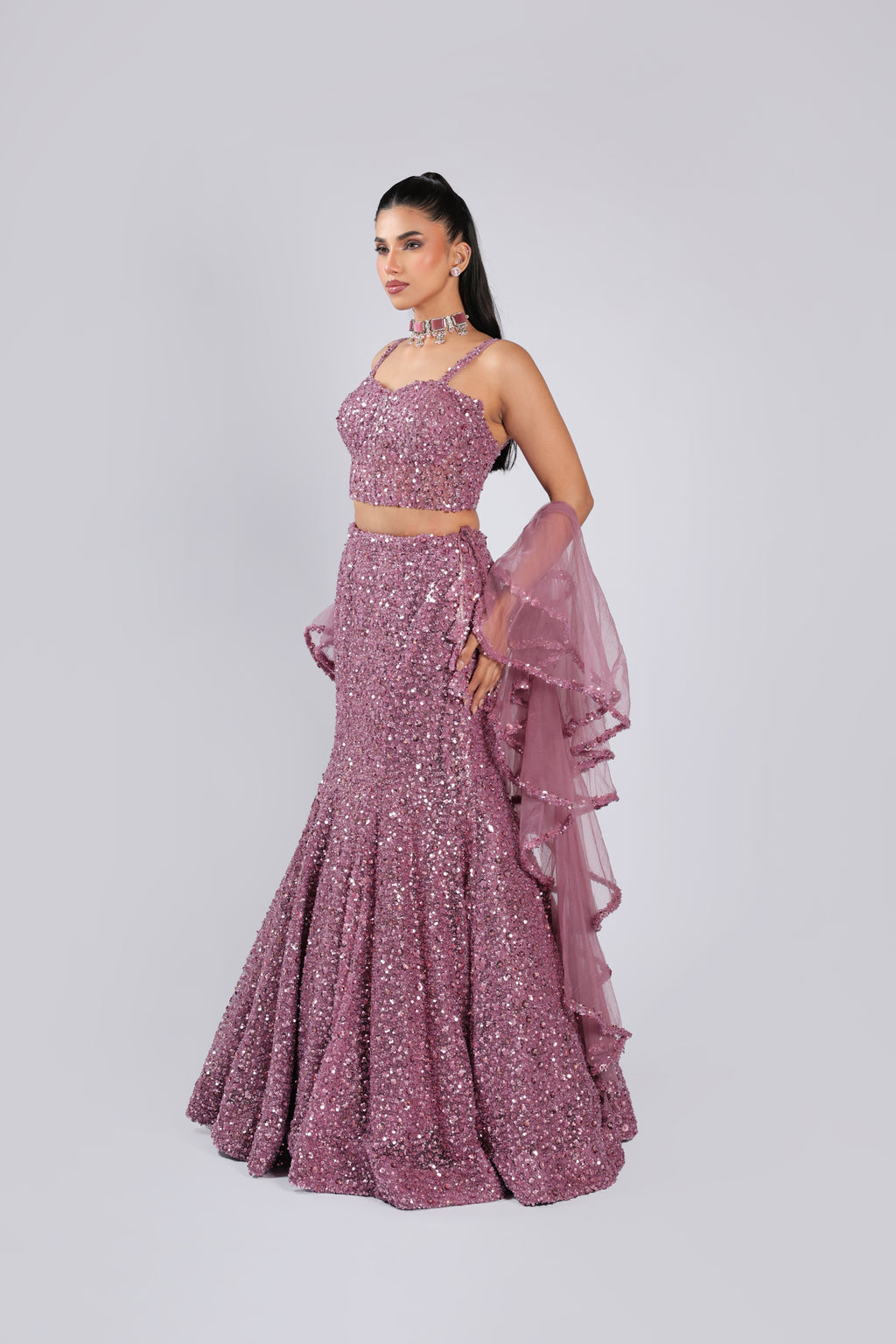 Pink Lehenga Choli in Net with Fully Sequins Work