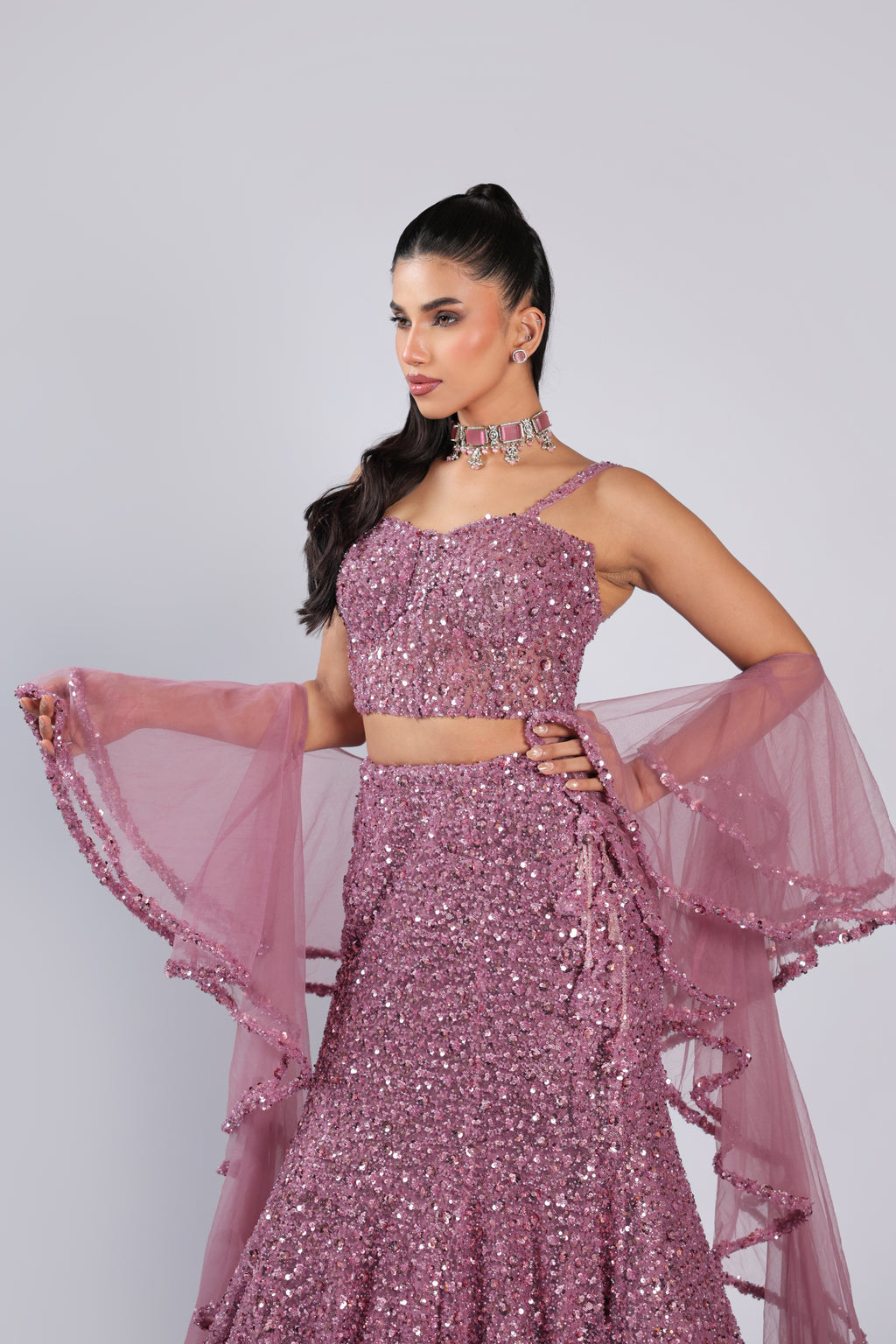 Pink Lehenga Choli in Net with Fully Sequins Work