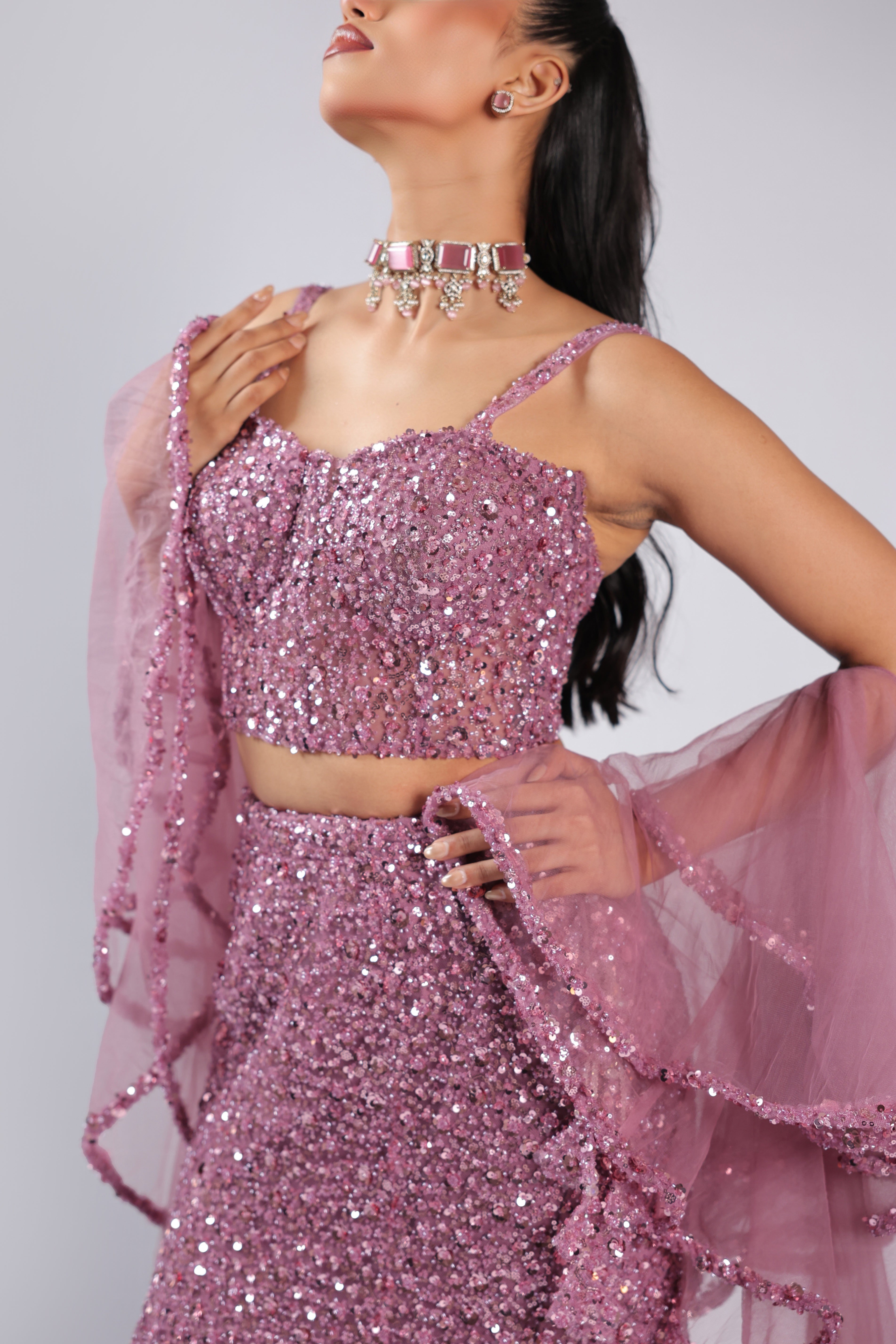 Pink Lehenga Choli in Net with Fully Sequins Work