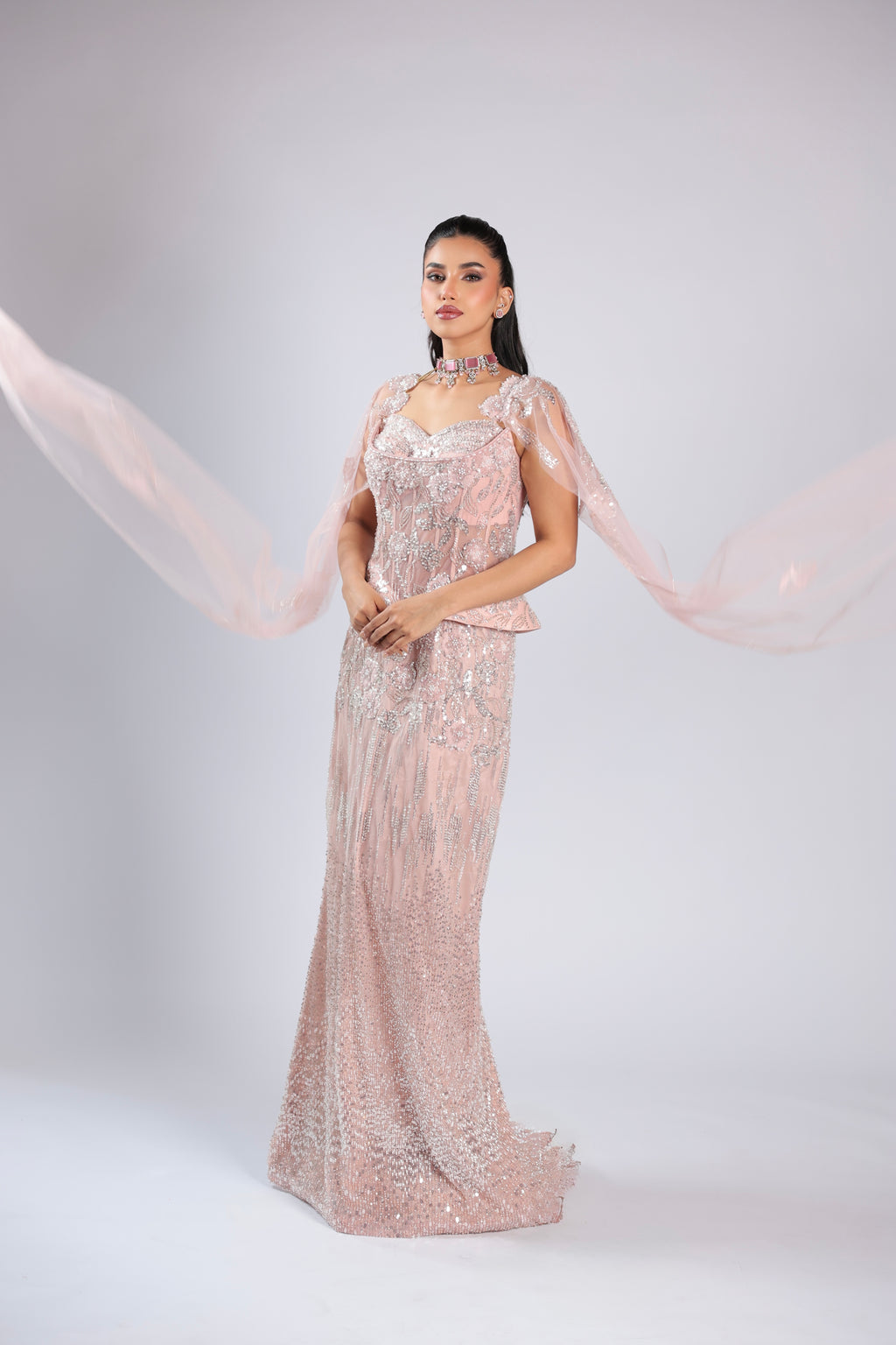 Pink Gown in Net with Cutdana ,Bead & Stone Work