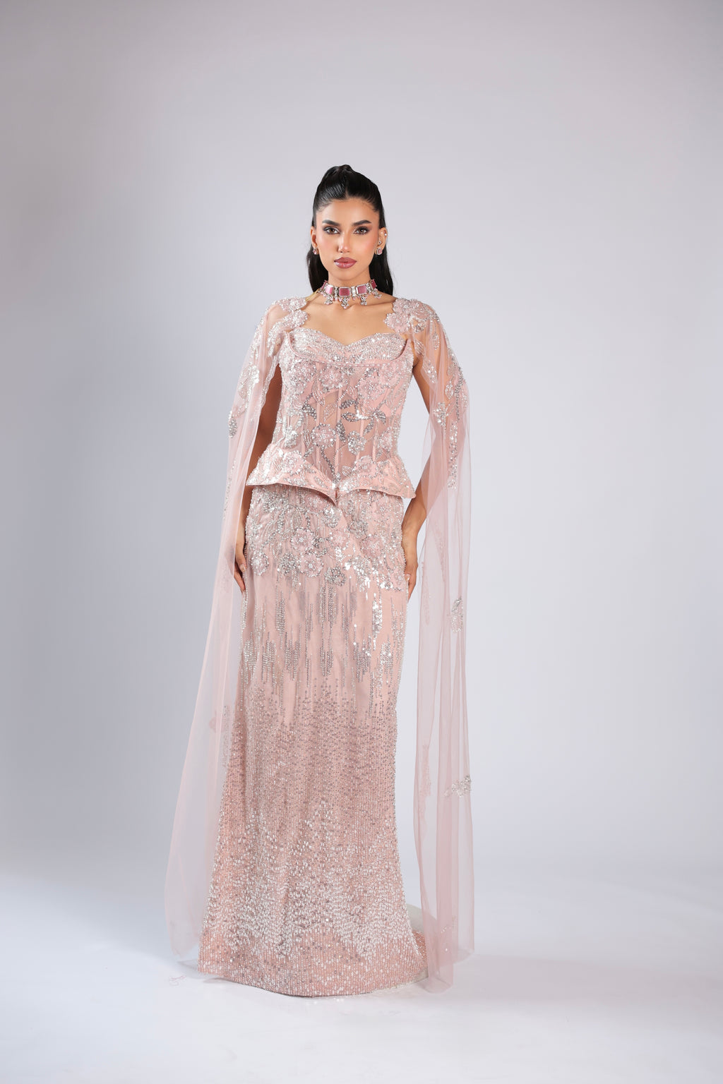 Pink Gown in Net with Cutdana ,Bead & Stone Work