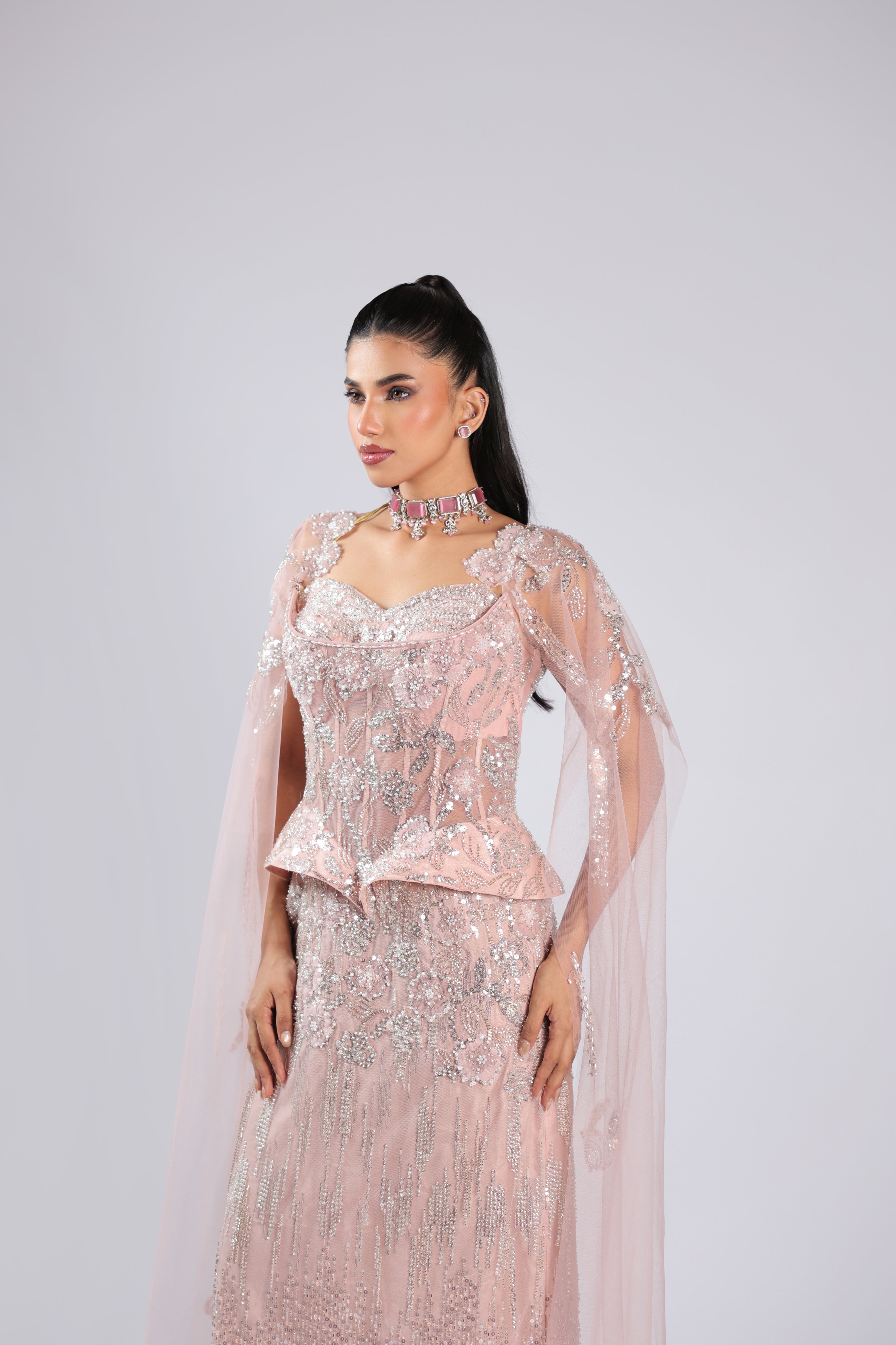 Pink Gown in Net with Cutdana ,Bead & Stone Work