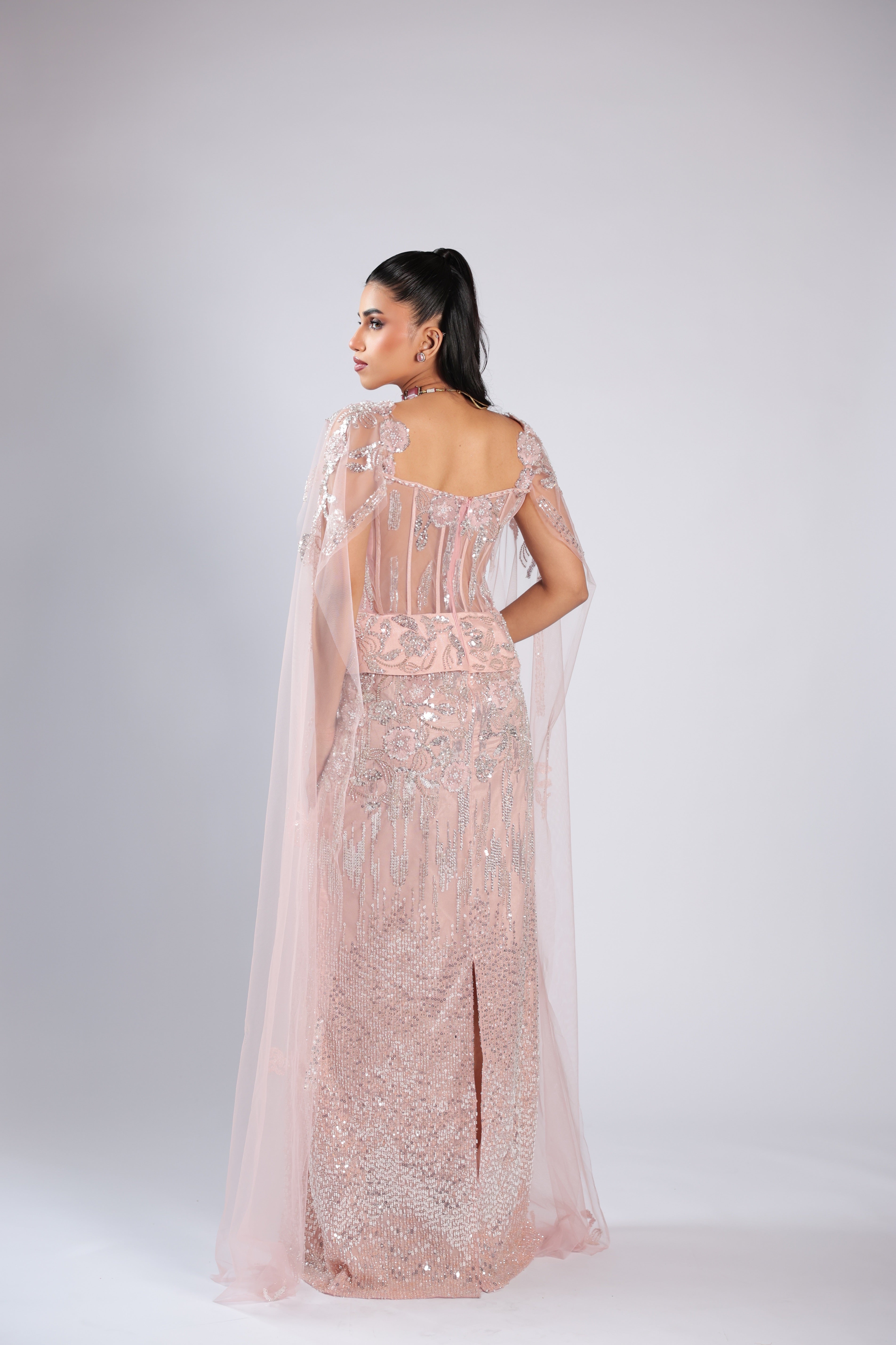 Pink Gown in Net with Cutdana ,Bead & Stone Work