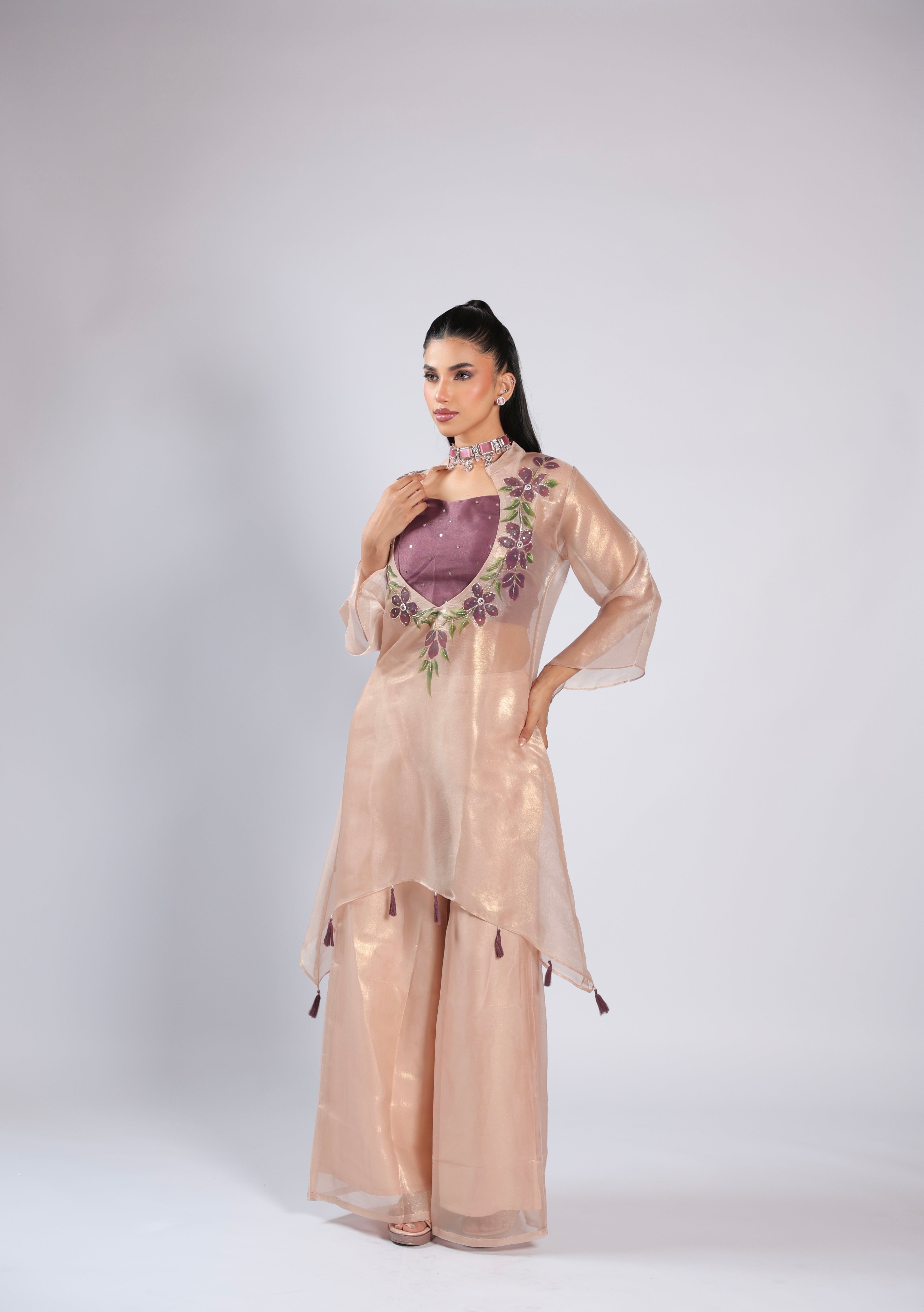 Pink Rm Suit in Organza Tissue with Floral Hand Print