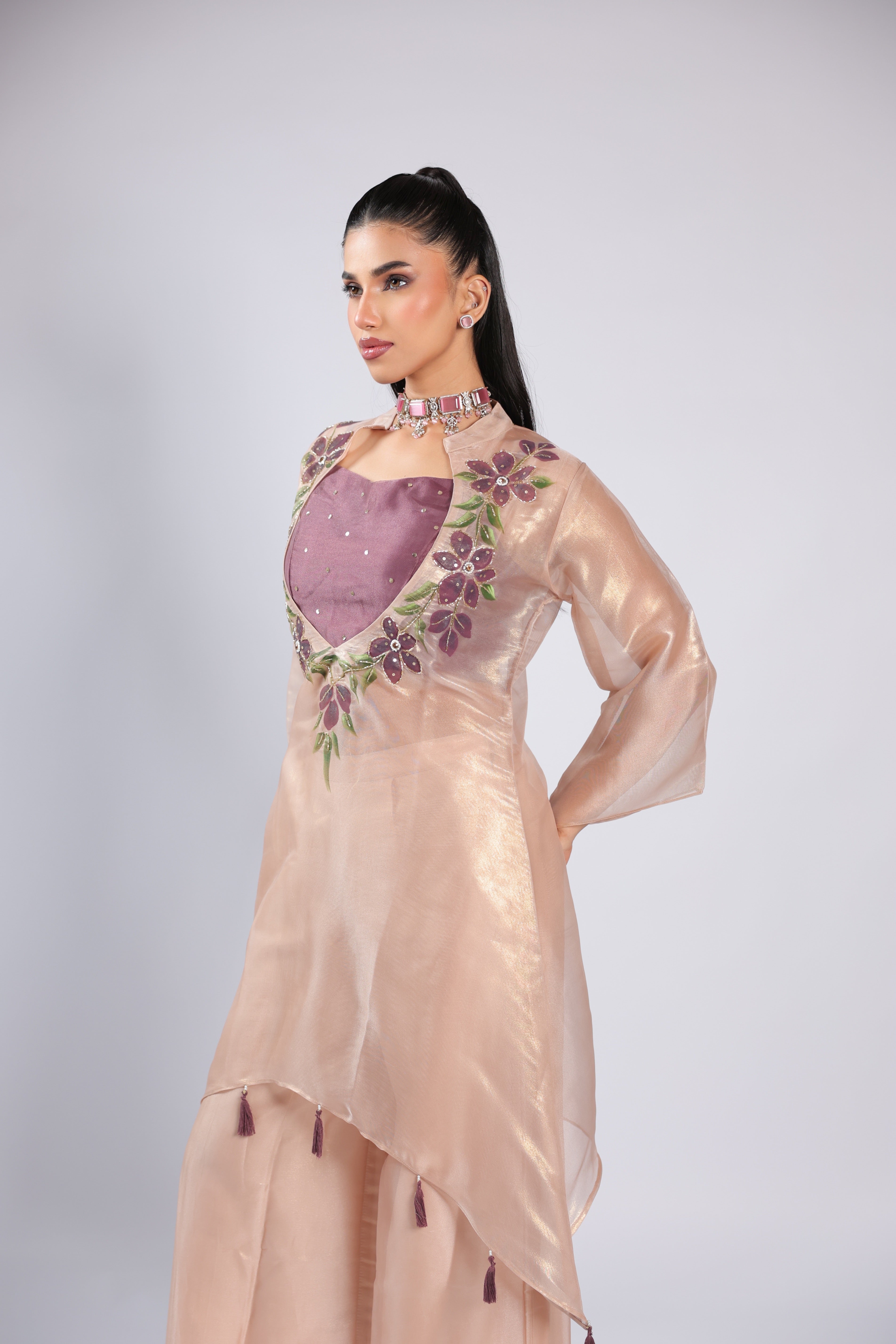 Pink Rm Suit in Organza Tissue with Floral Hand Print